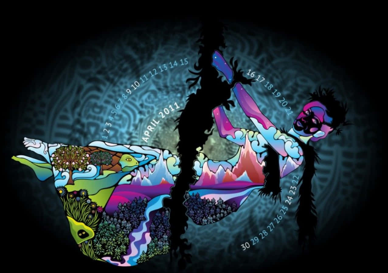 一個色彩繽紛的抽象插圖，描繪了充滿自然場景和日曆日期的人形剪影。