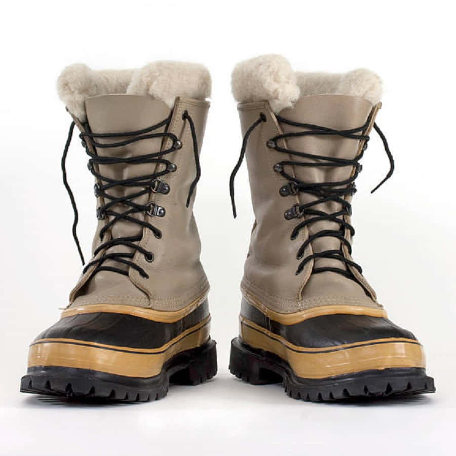 Snowshoes 桌布 壁紙 — 高挑的米色冬季靴子，配有黑色鞋帶和蓬鬆白色內襯，並排立在潔白背景上。