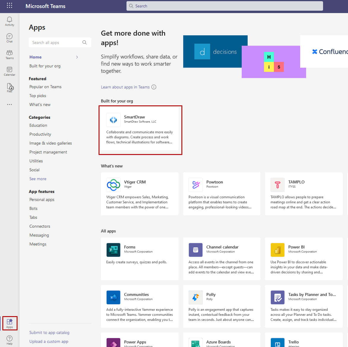 Microsoft Teams 應用程式商店，顯示各種用於生產力和協作的商業應用程式。