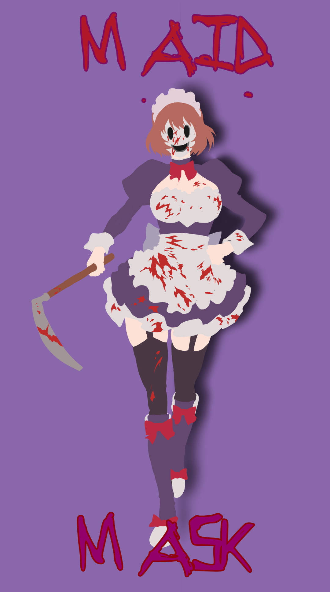 高樓入侵 Maid Mask 藝術畫 壁紙 — 一個風格化的動漫女僕，穿著血跡斑斑的服裝，手持鐮刀，站在純紫色背景前。