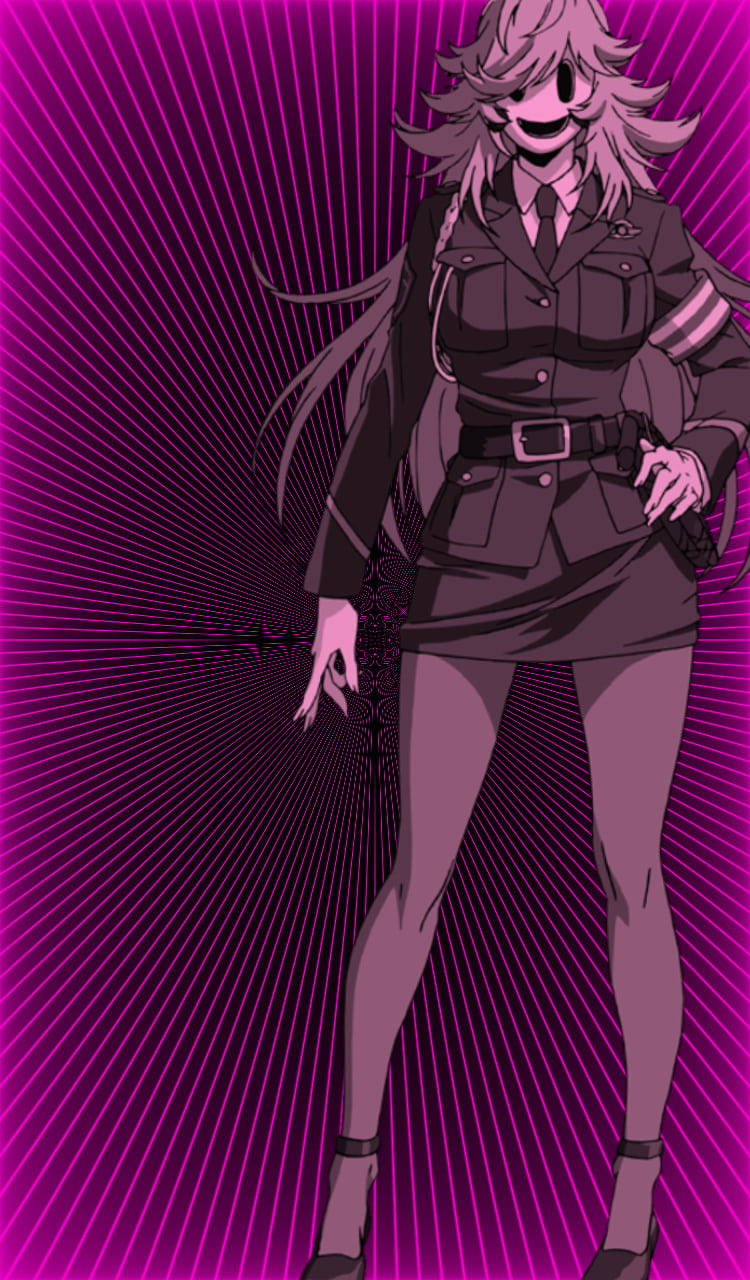 高樓入侵 Yayoi 壁紙 — 一個風格化的動漫女孩穿著深色制服，自信地站在充滿活力的紫色放射狀背景前。