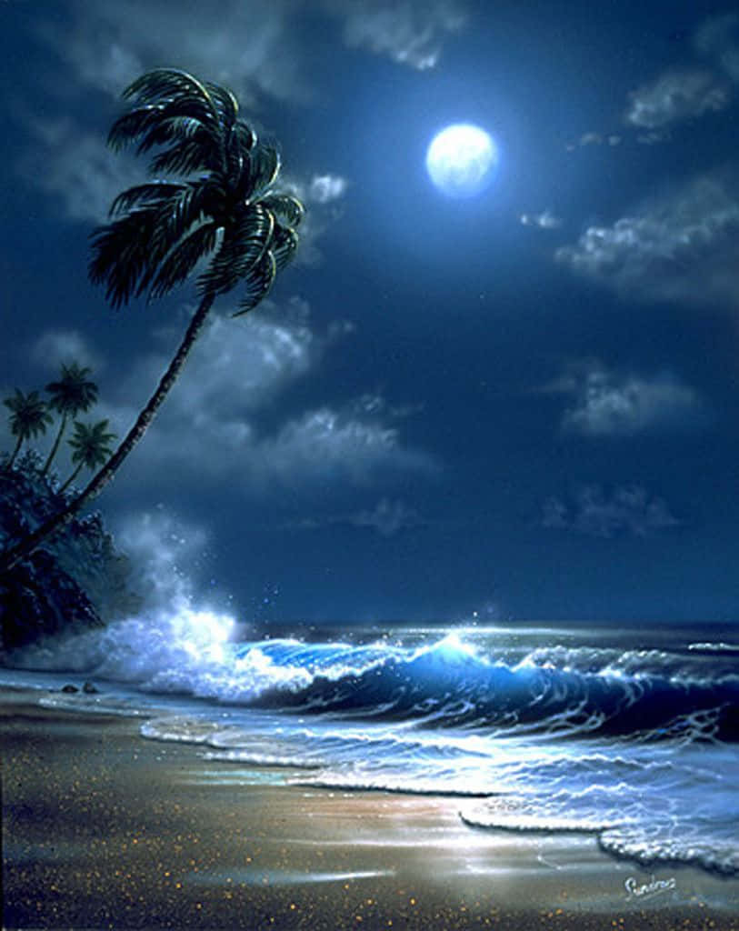 高樹夜灘圖 壁紙 — 一棵孤獨的棕櫚樹在月光下的海灘上傾斜，拍岸的波浪在陰雲密佈的天空下反射著明亮的滿月。