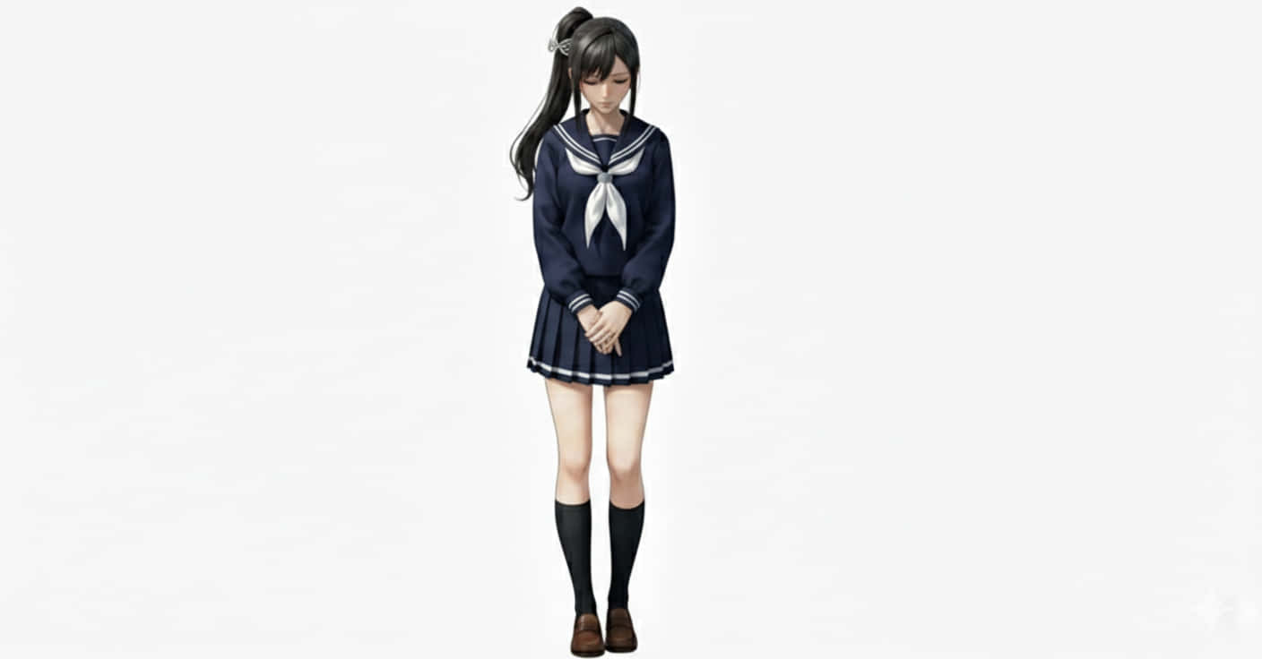 高橋美晴角色簡介 壁紙 — 一位身穿海軍藍水手服、帶白色飾邊的年輕動漫女孩，站在純白色背景前。