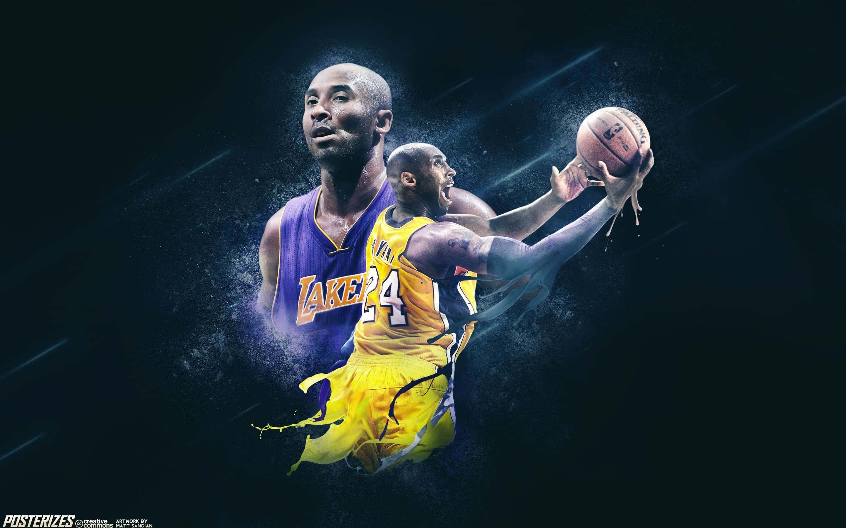 科比· Bryant 桌布 壁紙 — 高比·拜仁穿著湖人球衣，在黑暗的宇宙背景中，伴隨著發光的條紋和粒子效果，動態地躍起。