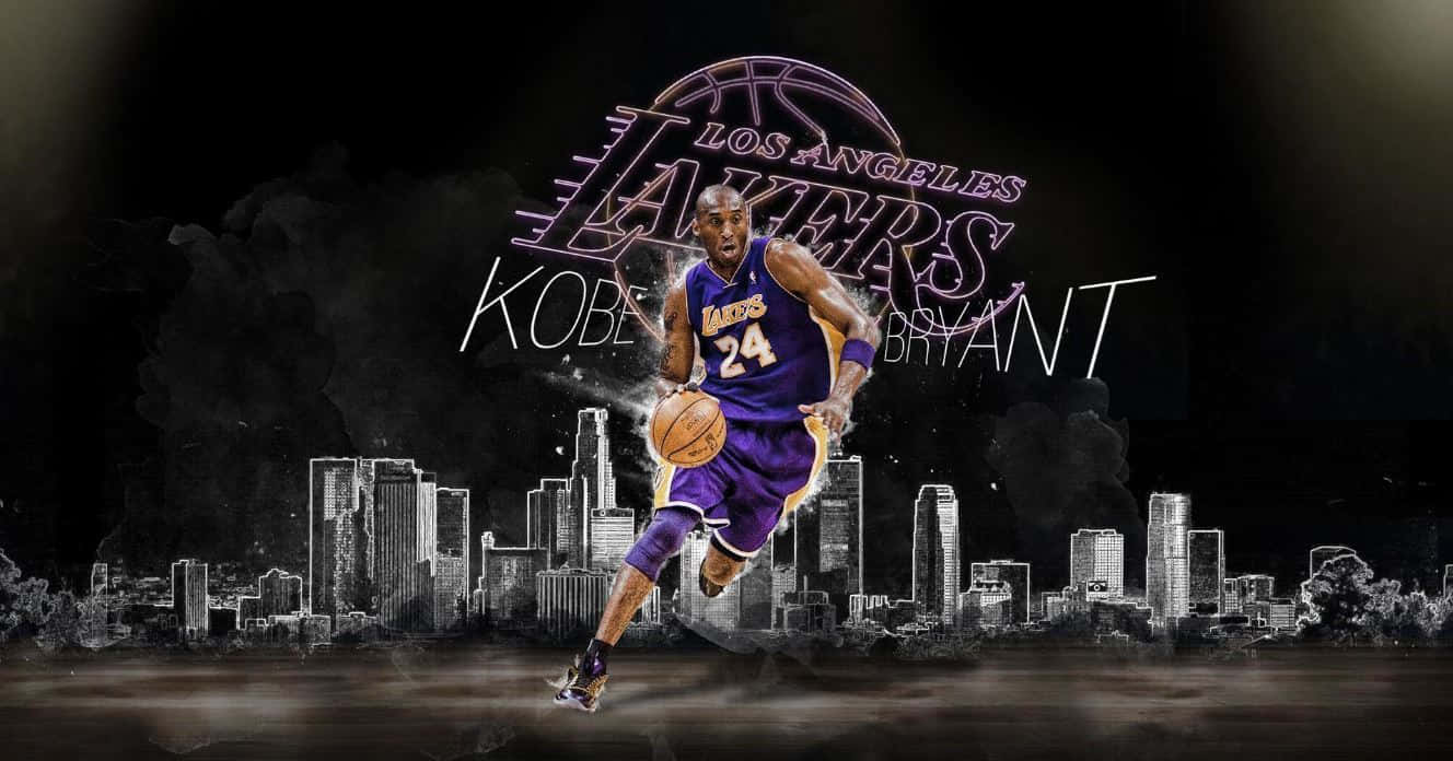 Kobe 桌布 壁紙 — 高比·拜仁穿著紫色湖人球衣，在單色洛杉磯天際線和發光球隊標誌前運球。