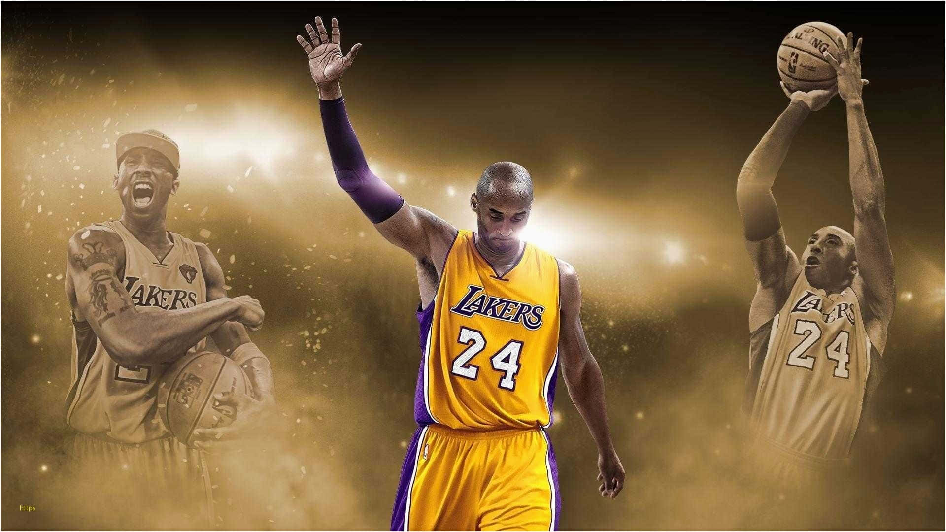 科比· Bryant 桌布 壁紙 — 高比·拜仁身穿湖人球衣，以三個動態姿勢呈現在金色發光背景上，帶有閃爍粒子。