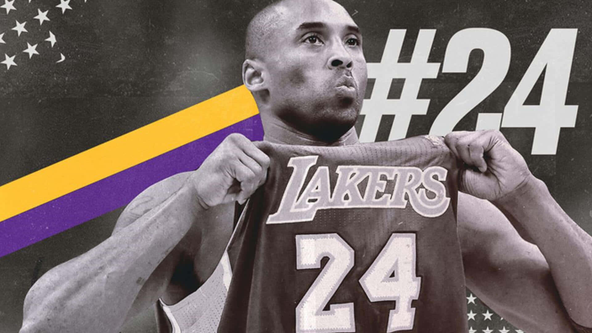 Kobe 桌布 壁紙 — 高比拜仁喺有星星同球隊顏色嘅大膽圖形背景前舉起佢嘅湖人隊24號球衣。