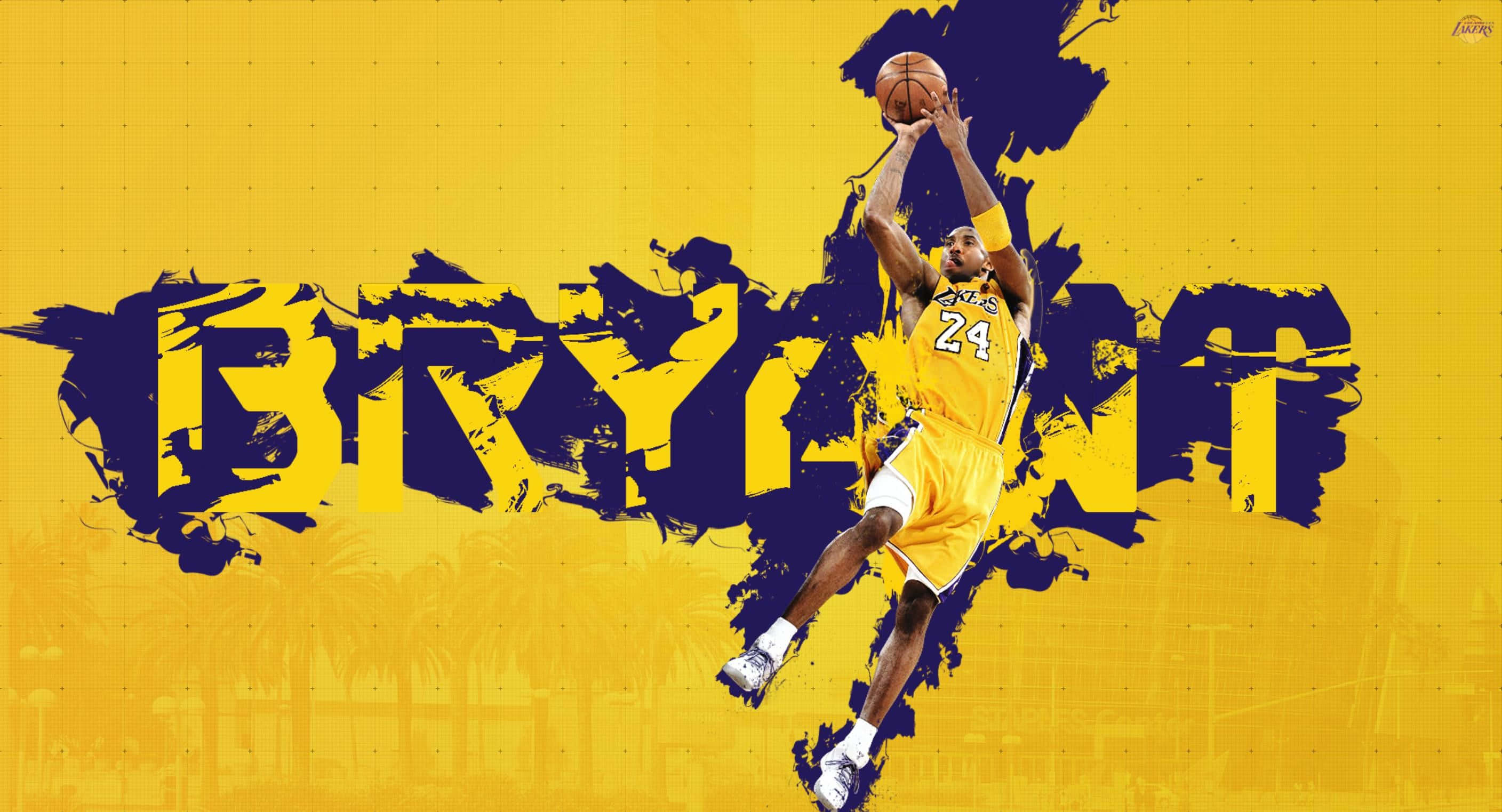 Kobe 桌布 壁紙 — 高比拜仁在半空中投籃，背景為大膽的黃色和紫色，他的名字以風格化字體置於身後。