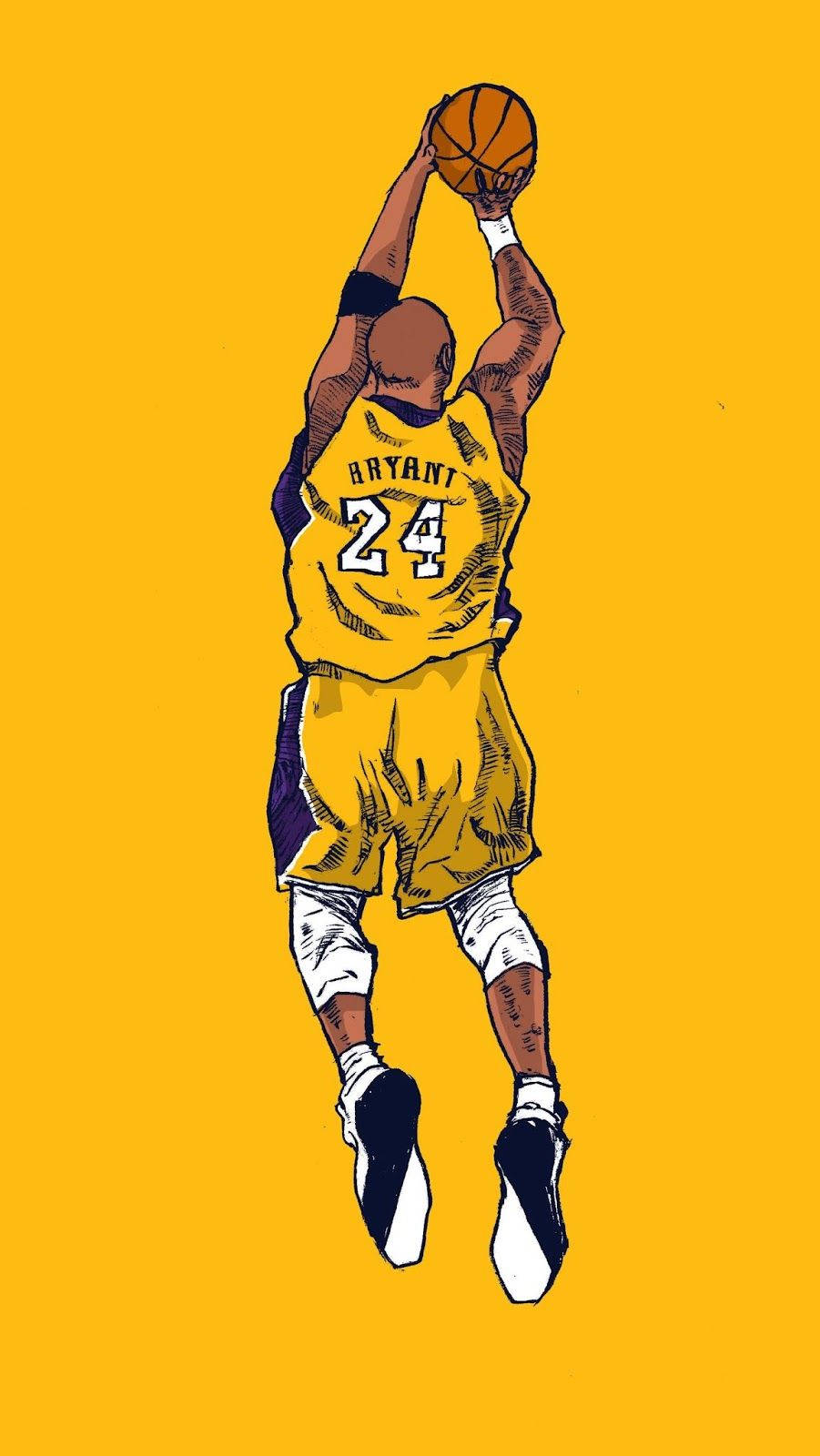 科比· Bryant 桌布 壁紙 — 高比拜仁在空中入樽籃球的插圖，身穿其標誌性黃色24號球衣，背景為純黃色。