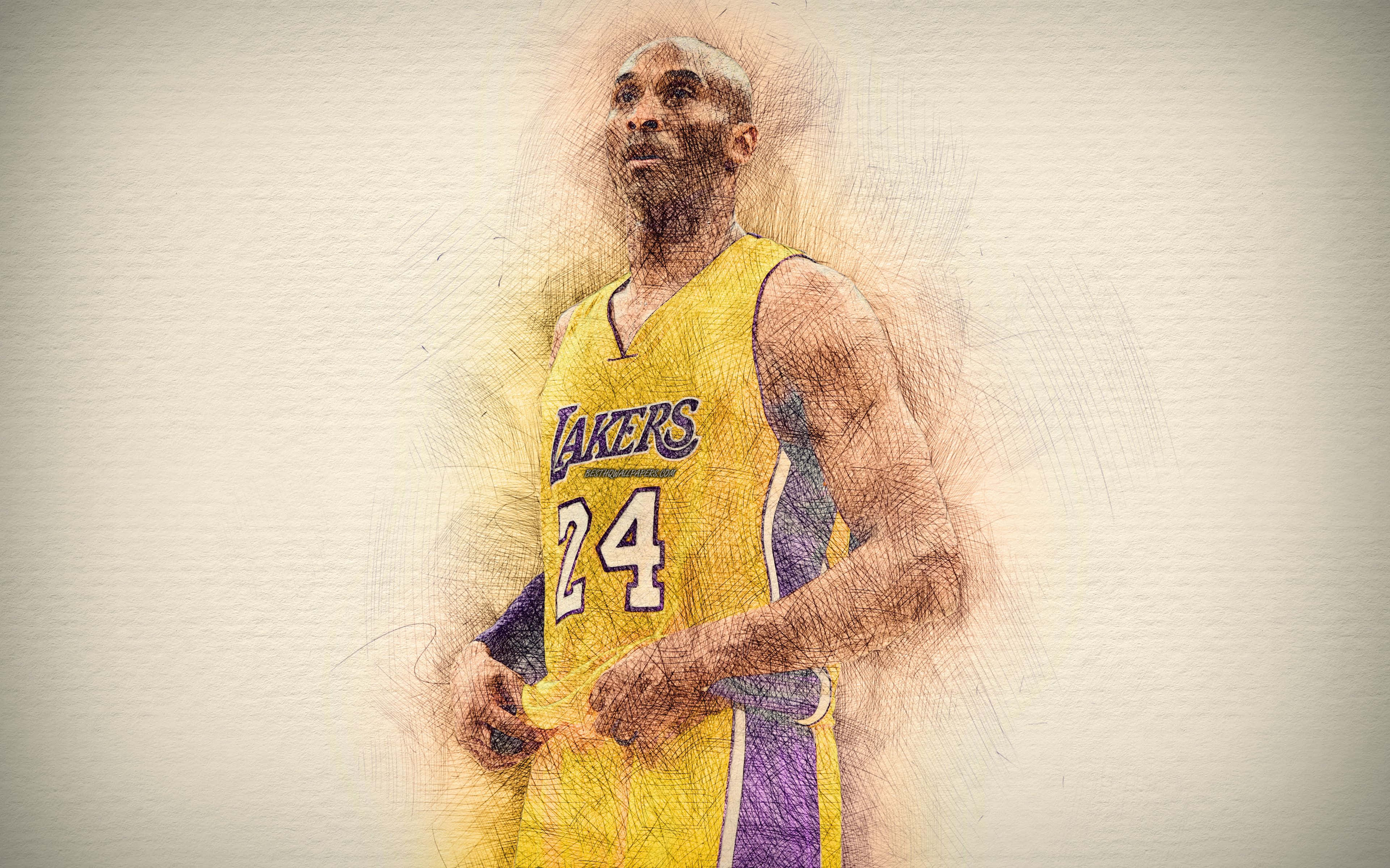 Kobe 桌布 壁紙 — 高比拜仁的風格化素描，身穿標誌性黃色湖人隊24號球衣，以動態筆觸在紋理米白色背景上呈現。