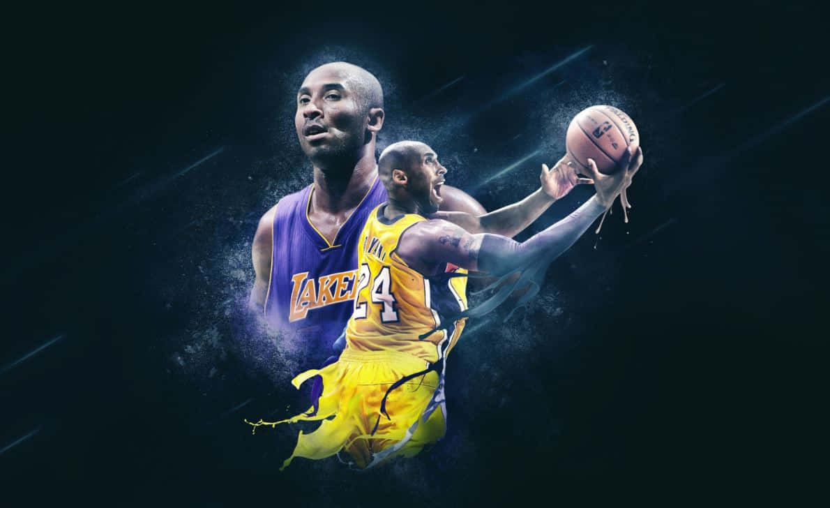 Kobe 桌布 壁紙 — 高比拜仁穿著湖人球衣，在黑暗宇宙背景中帶有光線條紋的動態動作中運球。