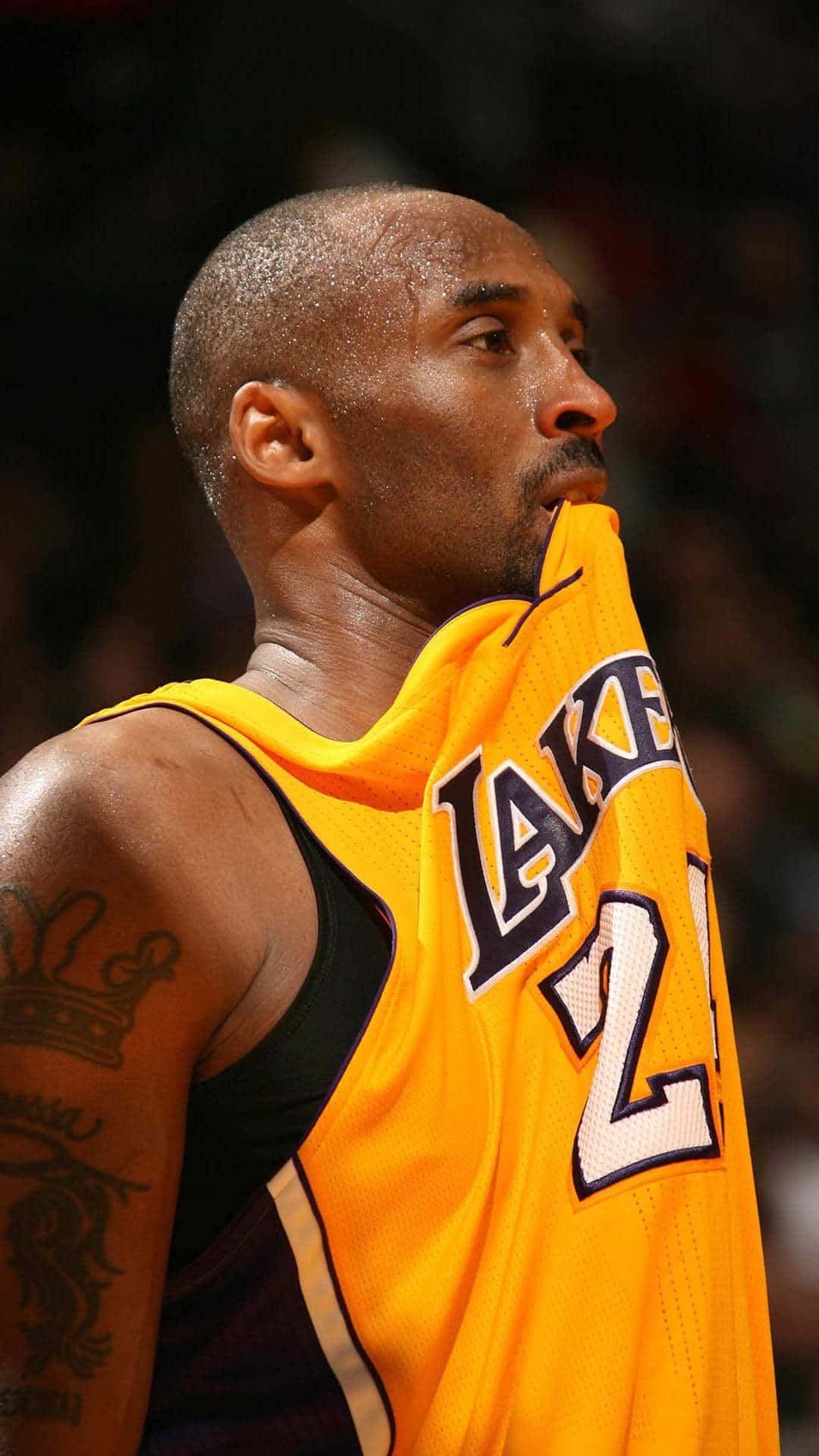 Kobe 桌布 壁紙 — 高比拜仁身穿24號湖人球衣，在場館燈光下的一場籃球比賽中咬住衣領。