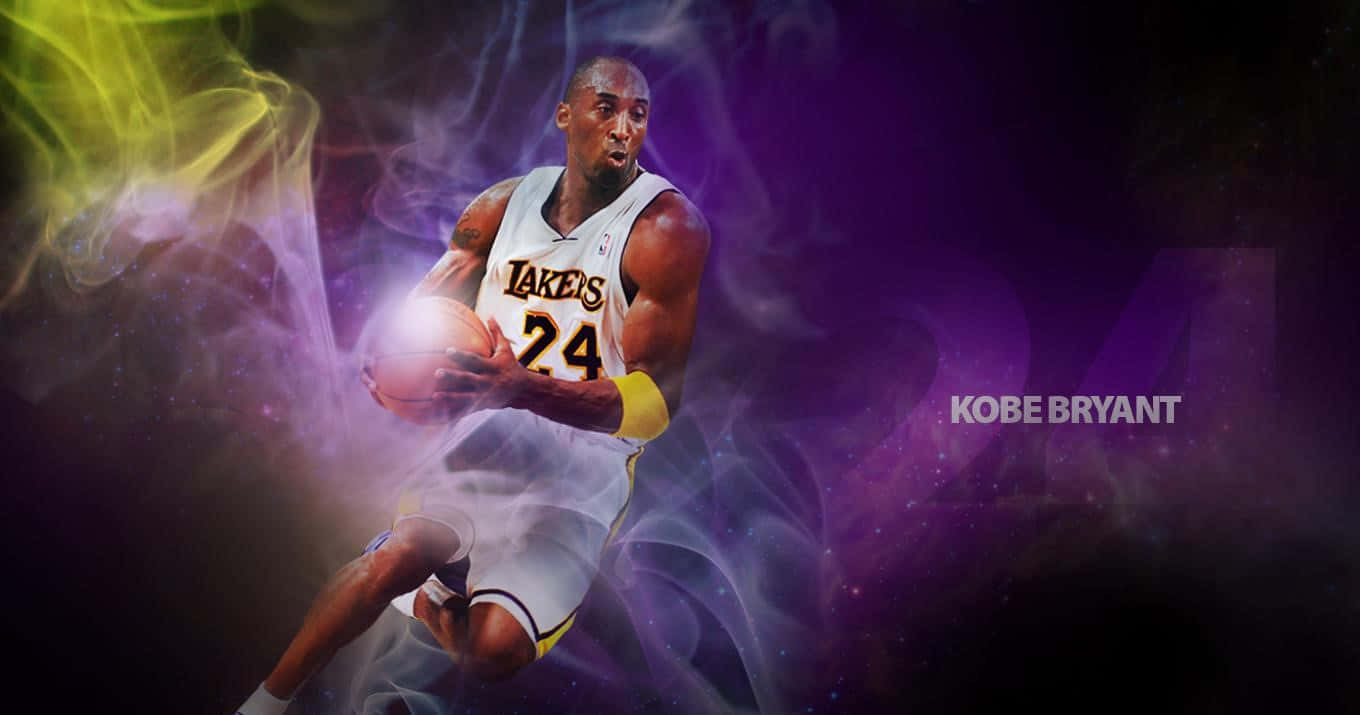 Kobe 桌布 壁紙 — 高比拜仁身穿湖人球衣，在旋轉的紫色和黃色宇宙煙霧中運球。