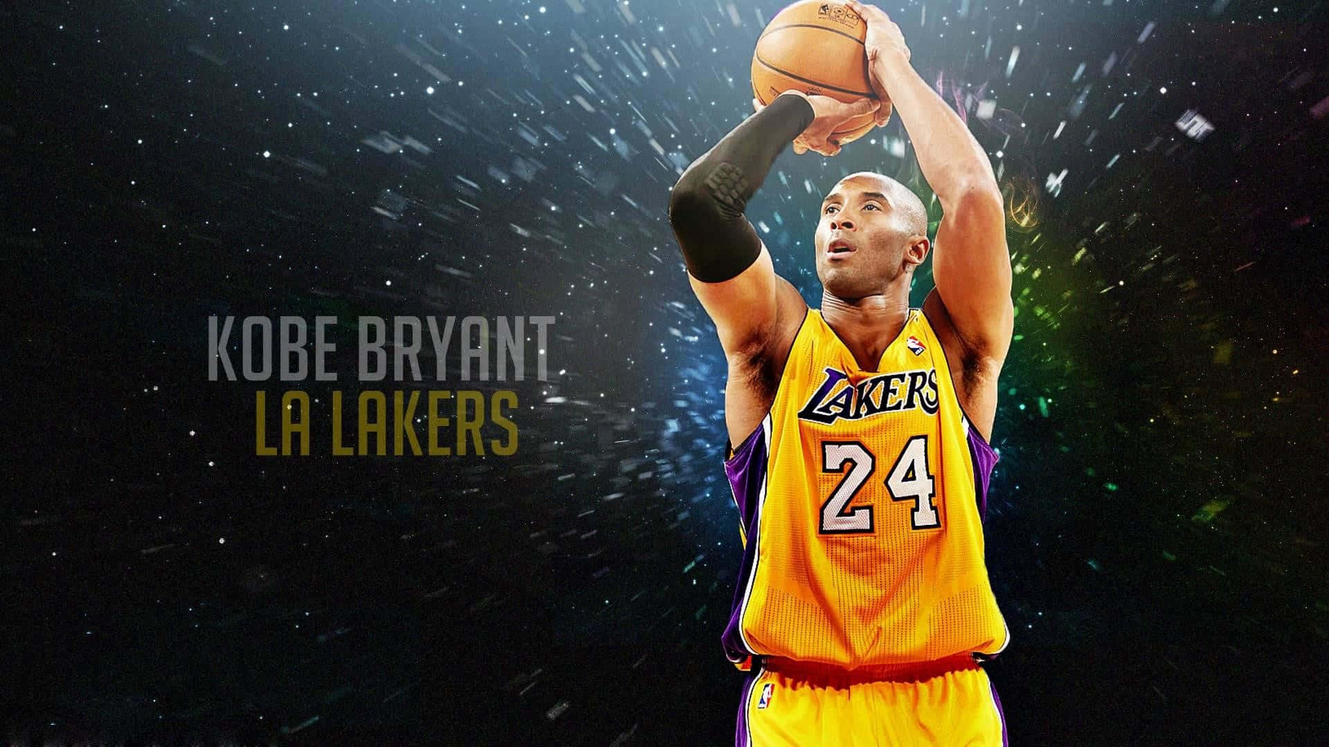 Kobe 桌布 壁紙 — 高比拜仁身穿湖人球衣，在星光燦爛的宇宙背景下投籃，背景有發光粒子。