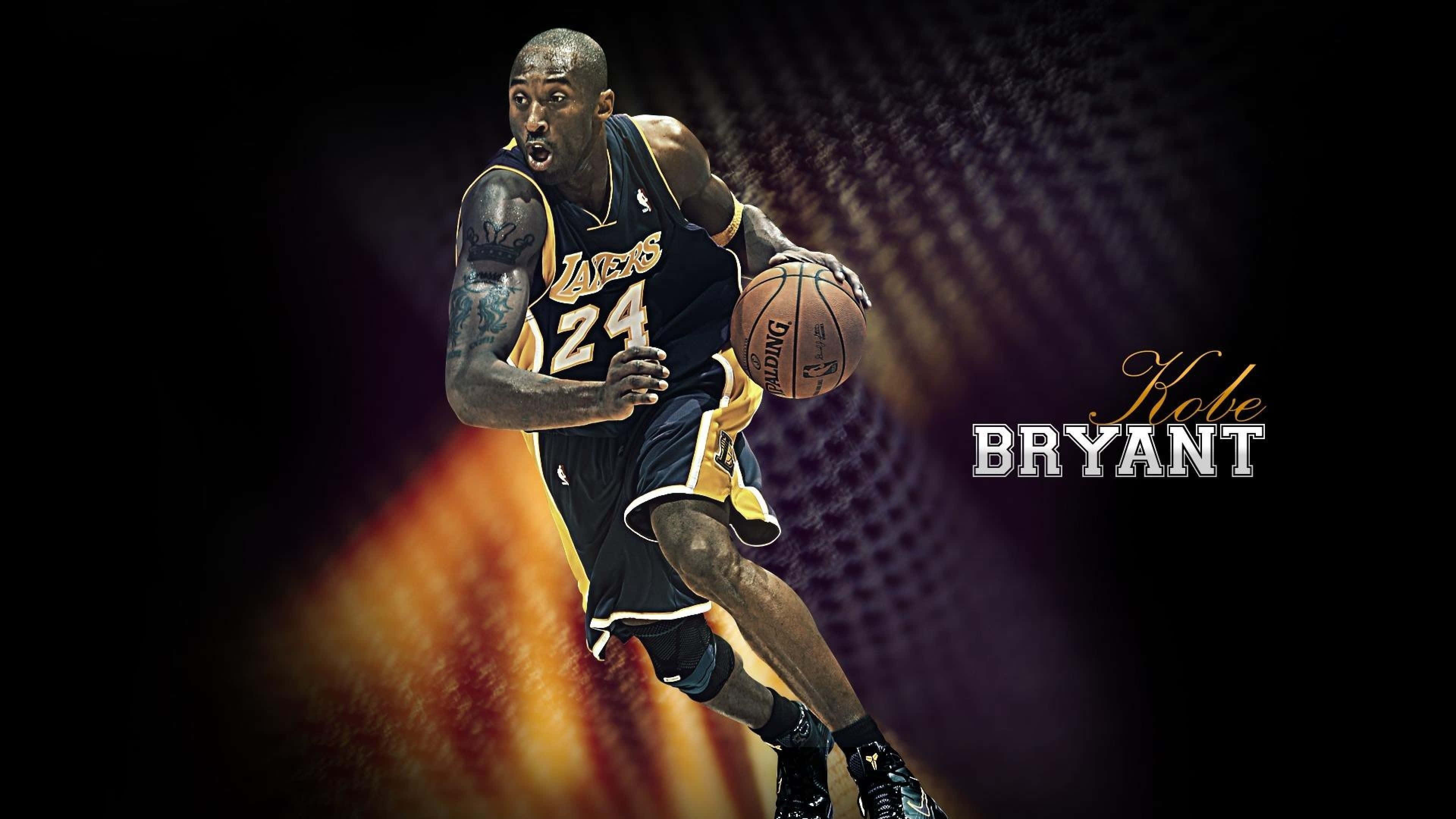 科比· Bryant 桌布 壁紙 — 高比拜仁身穿湖人球衣，在黑暗抽象背景下運球，帶有火熱的動態模糊效果。