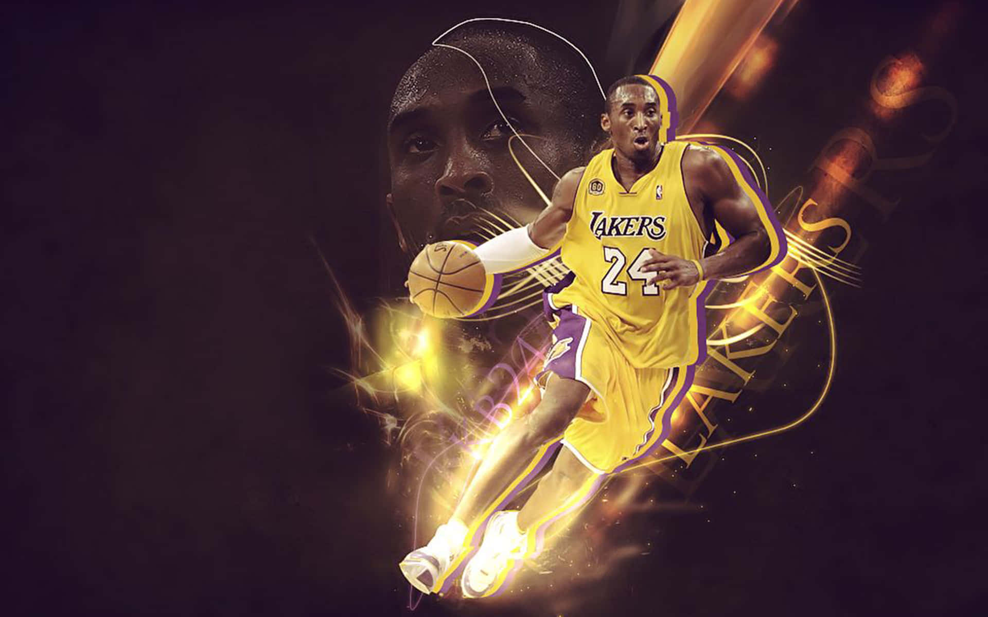 Kobe 桌布 壁紙 — 高比拜仁身穿湖人球衣，在黑暗背景下運球，帶有發光的金色能量軌跡。