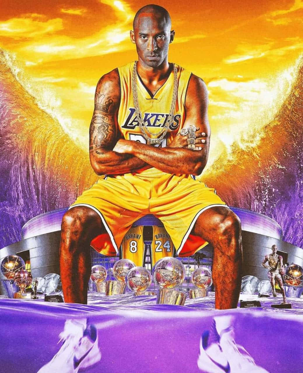 Kobe 桌布 壁紙 — 高比拜仁身穿湖人球衣，威嚴地坐在被獎盃環繞的王座上，背景是熾熱的日落天空。