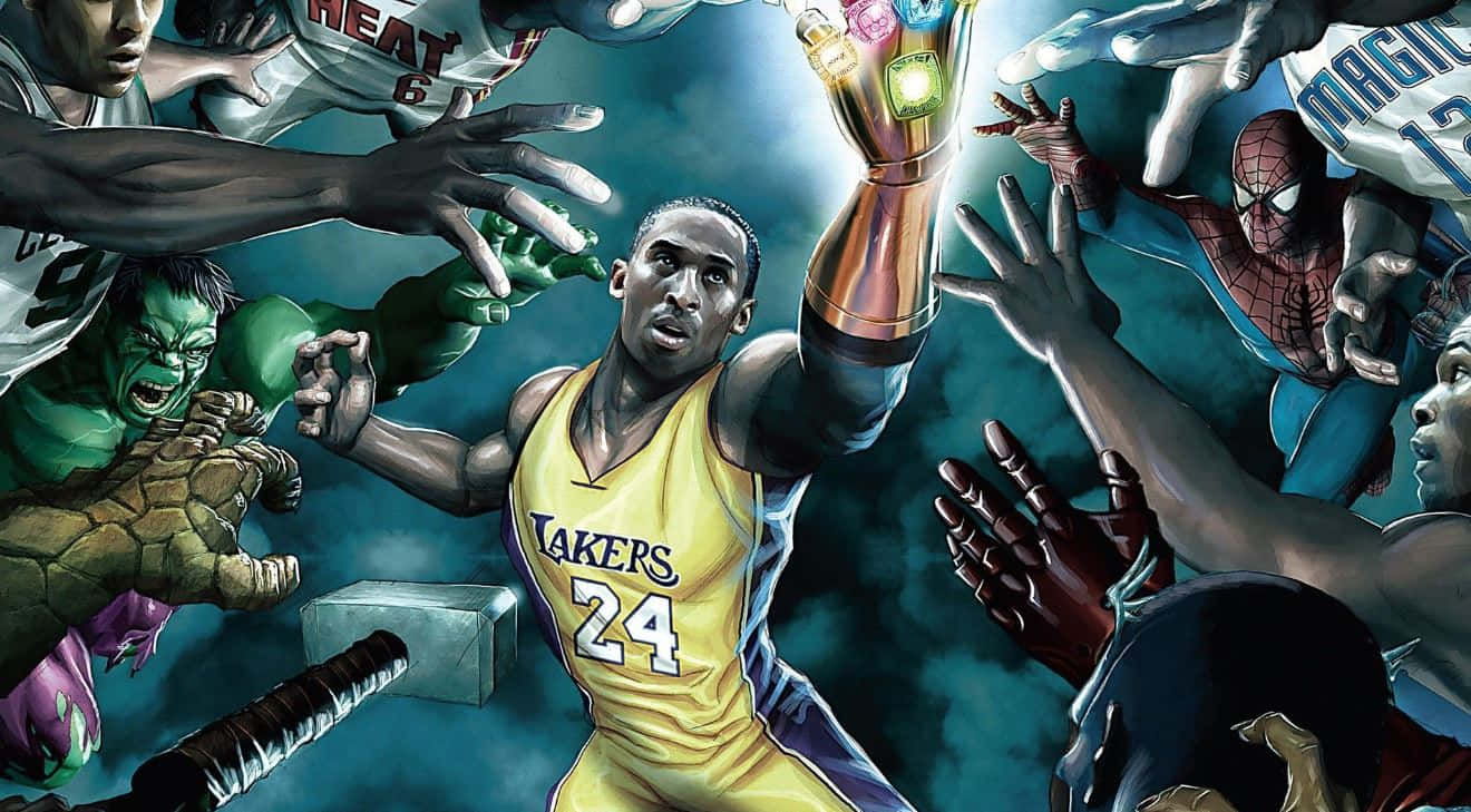 Kobe 桌布 壁紙 — 高比拜仁身穿湖人球衣，手持無限手套，被漫威英雄和反派包圍，呈現動感漫畫風格。