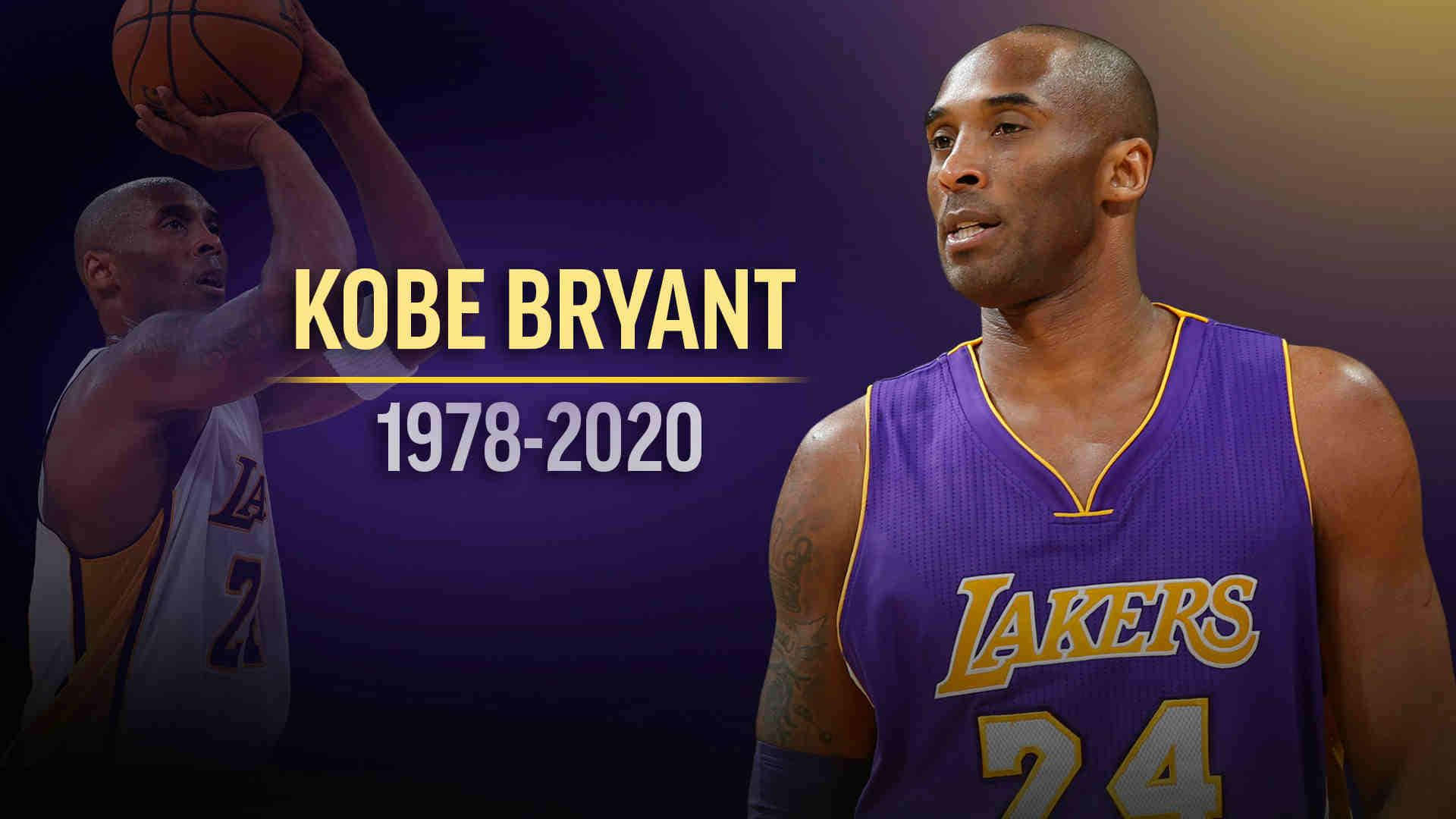 Kobe 桌布 壁紙 — 高比拜仁身穿湖人球衣，紫色漸變背景上疊加籃球投籃鏡頭及壽命文字。