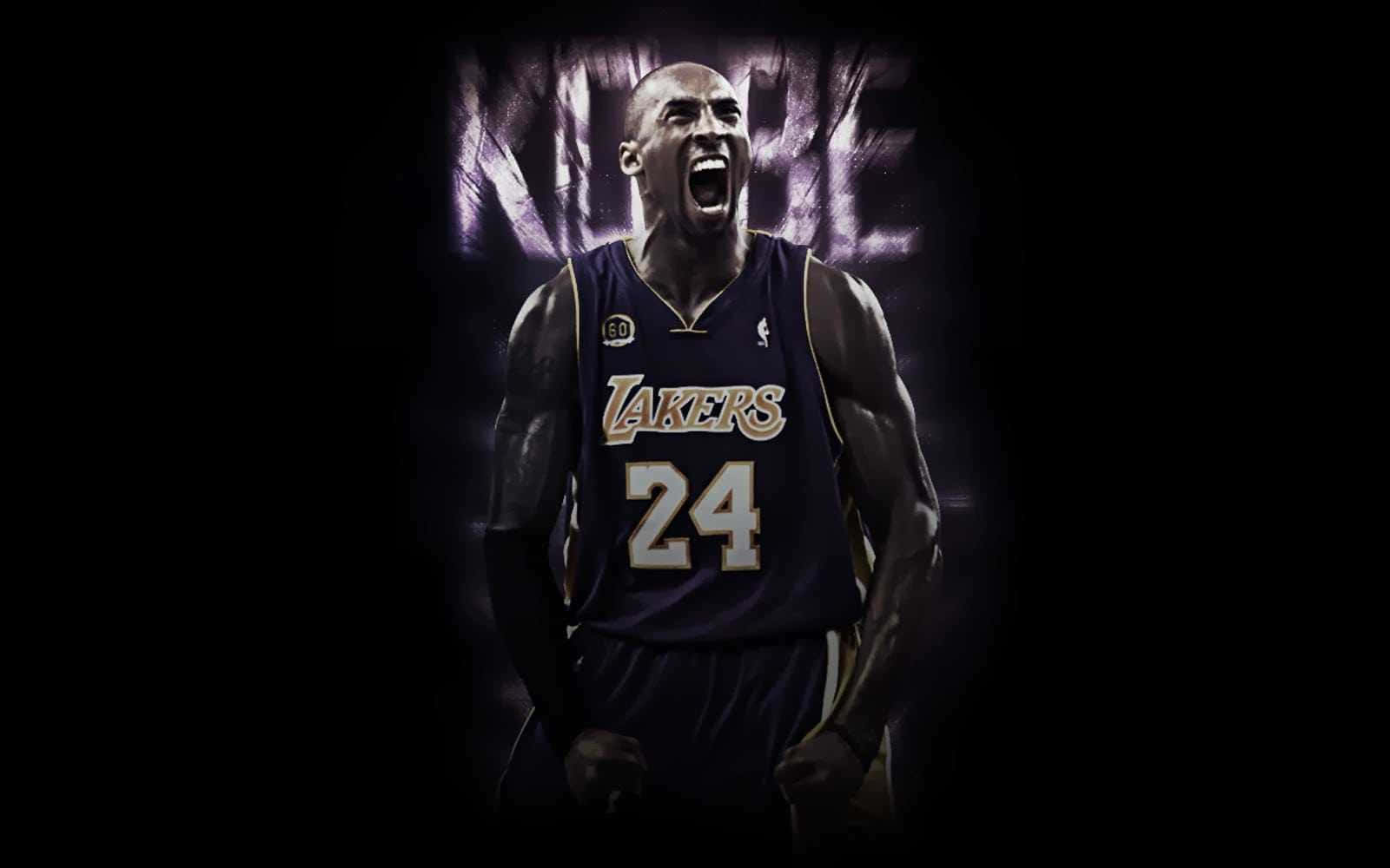 Kobe 桌布 壁紙 — 高比拜仁身穿湖人隊24號球衣，在深紫色和黑色背景前猛烈咆哮。