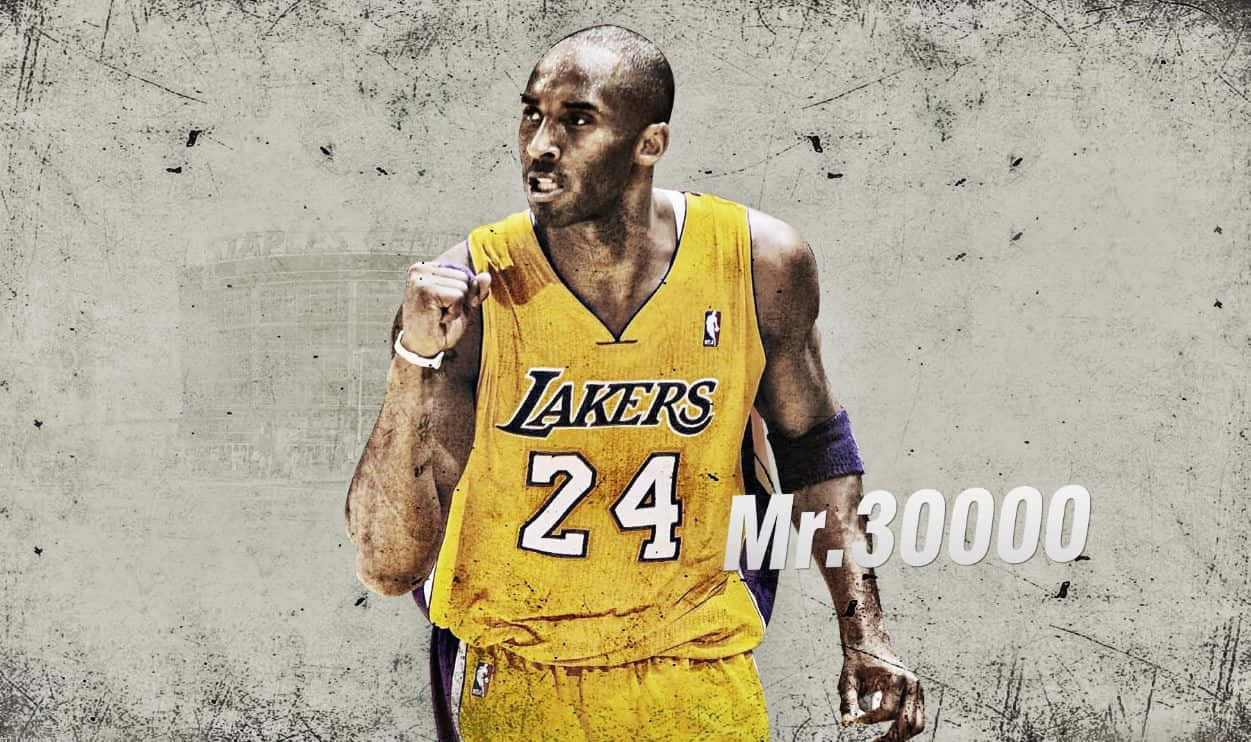 Kobe 桌布 壁紙 — 高比拜仁身穿湖人隊24號球衣，在粗糙紋理背景上展示「Mr.30000」文字，展現肌肉。