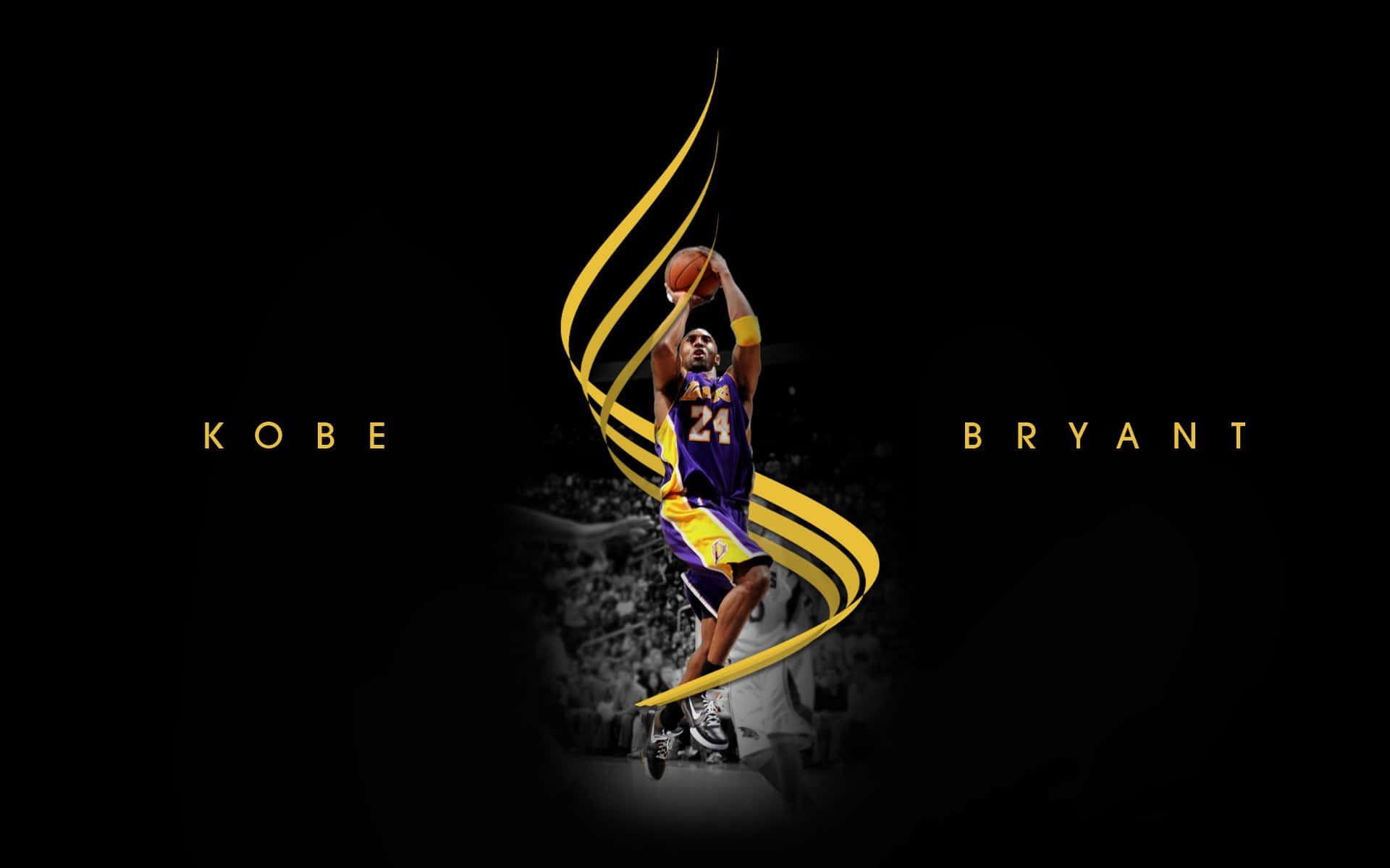 Kobe 桌布 壁紙 — 高比拜仁身穿紫色和金色的湖人球衣，在黑色背景上動態跳躍，背景有金色漩渦和他的名字以金色文字呈現。