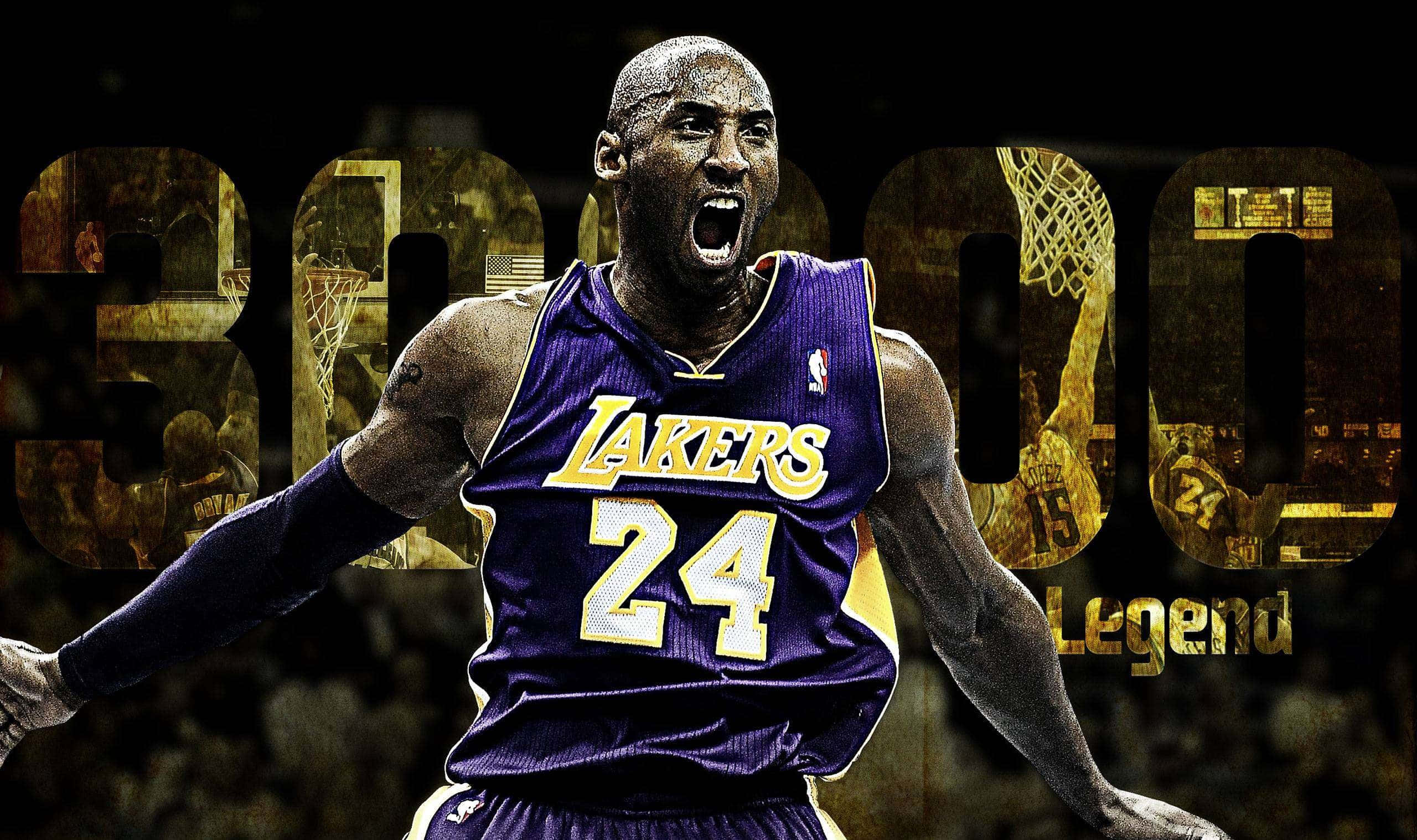 Kobe 桌布 壁紙 — 高比拜仁身穿紫色湖人24號球衣，在金色「30000」背景下勝利咆哮，慶祝他傳奇的得分里程碑。