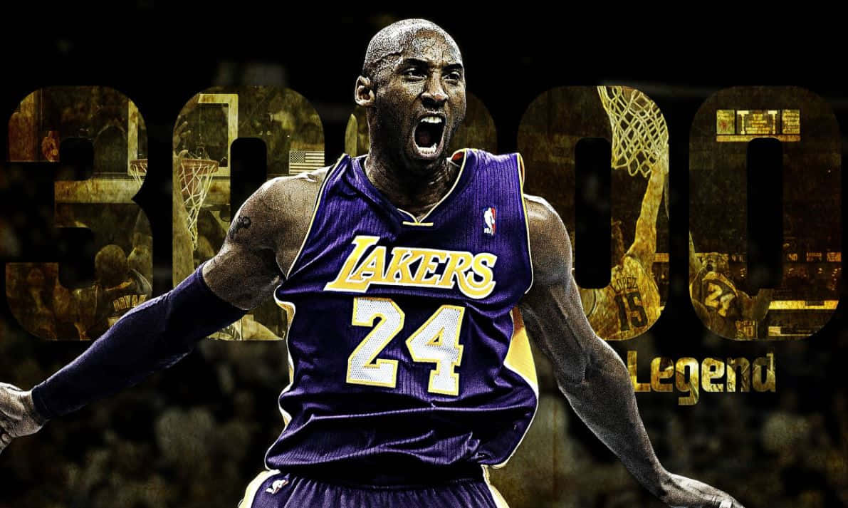 Kobe 桌布 壁紙 — 高比拜仁身穿紫色湖人隊24號球衣，在深色背景上以金色「30000」和「Legend」文字勝利咆哮。