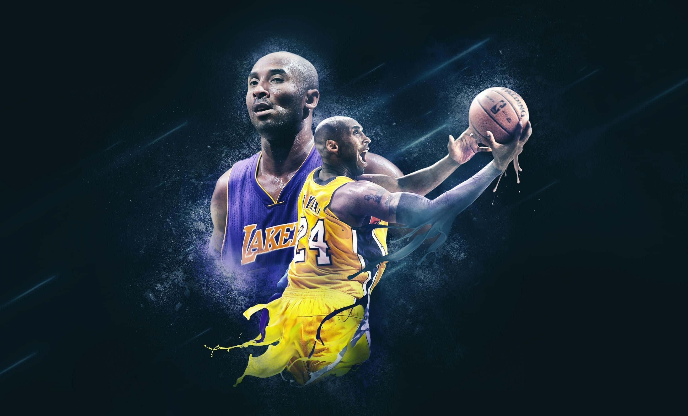 Kobe 桌布 壁紙 — 高比拜仁身穿紫黃色湖人球衣，在帶有發光條紋的黑暗宇宙背景下動態跳躍。