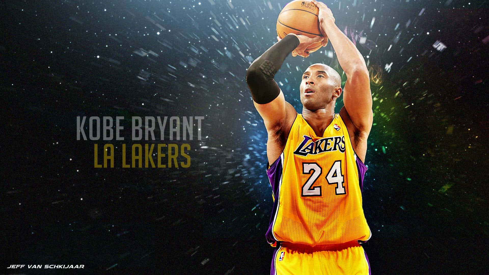 科比· Bryant 桌布 壁紙 — 高比拜仁身穿黃色湖人球衣，在星光燦爛的宇宙背景下投籃，周圍有發光的粒子。