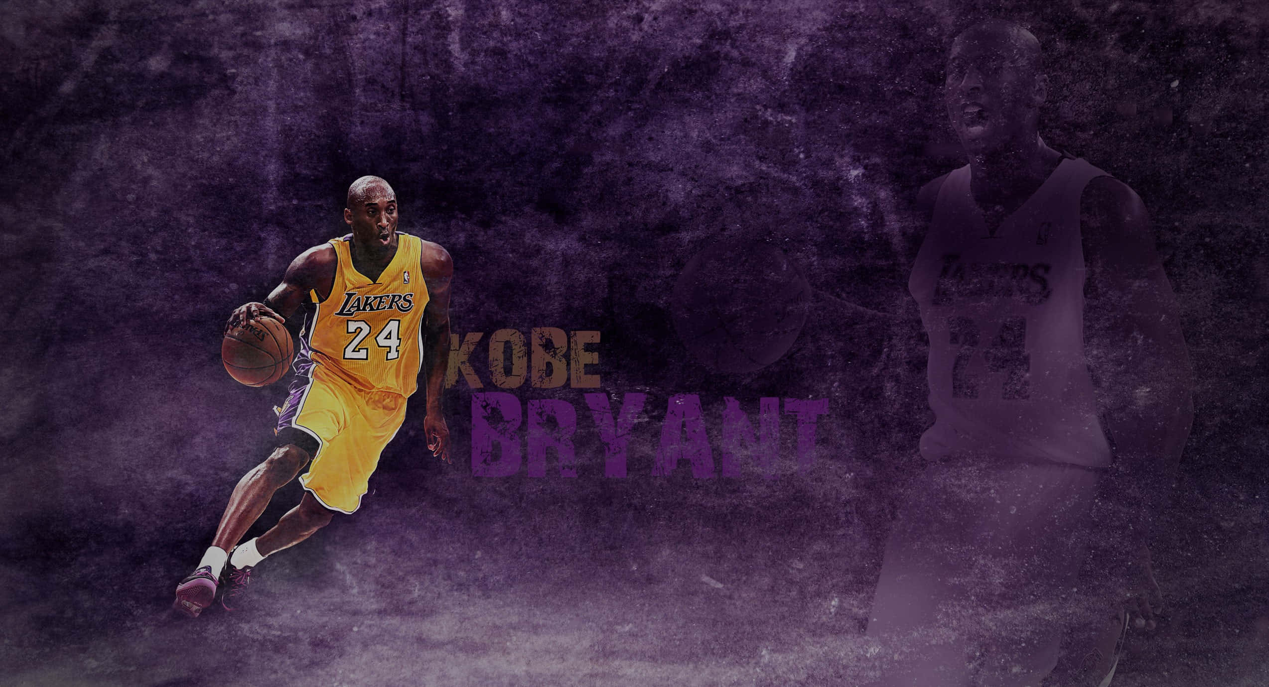 Kobe 桌布 壁紙 — 高比拜仁身穿黃色湖人球衣，在煙霧瀰漫的紫色背景下運球，他的名字以粗體文字顯示。