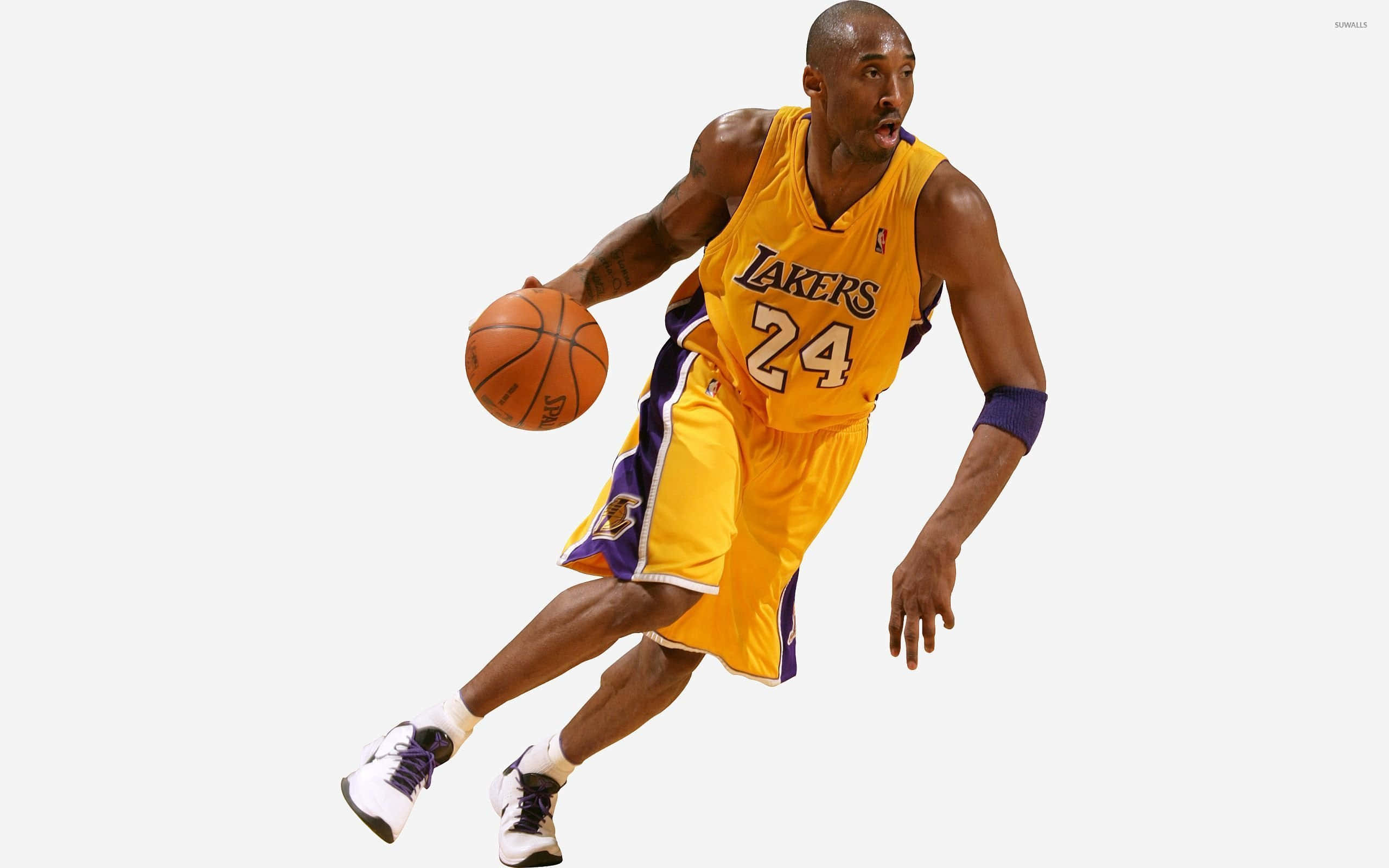 Kobe 桌布 壁紙 — 高比拜仁身穿黃色湖人球衣，在純白色背景下運球中運球。