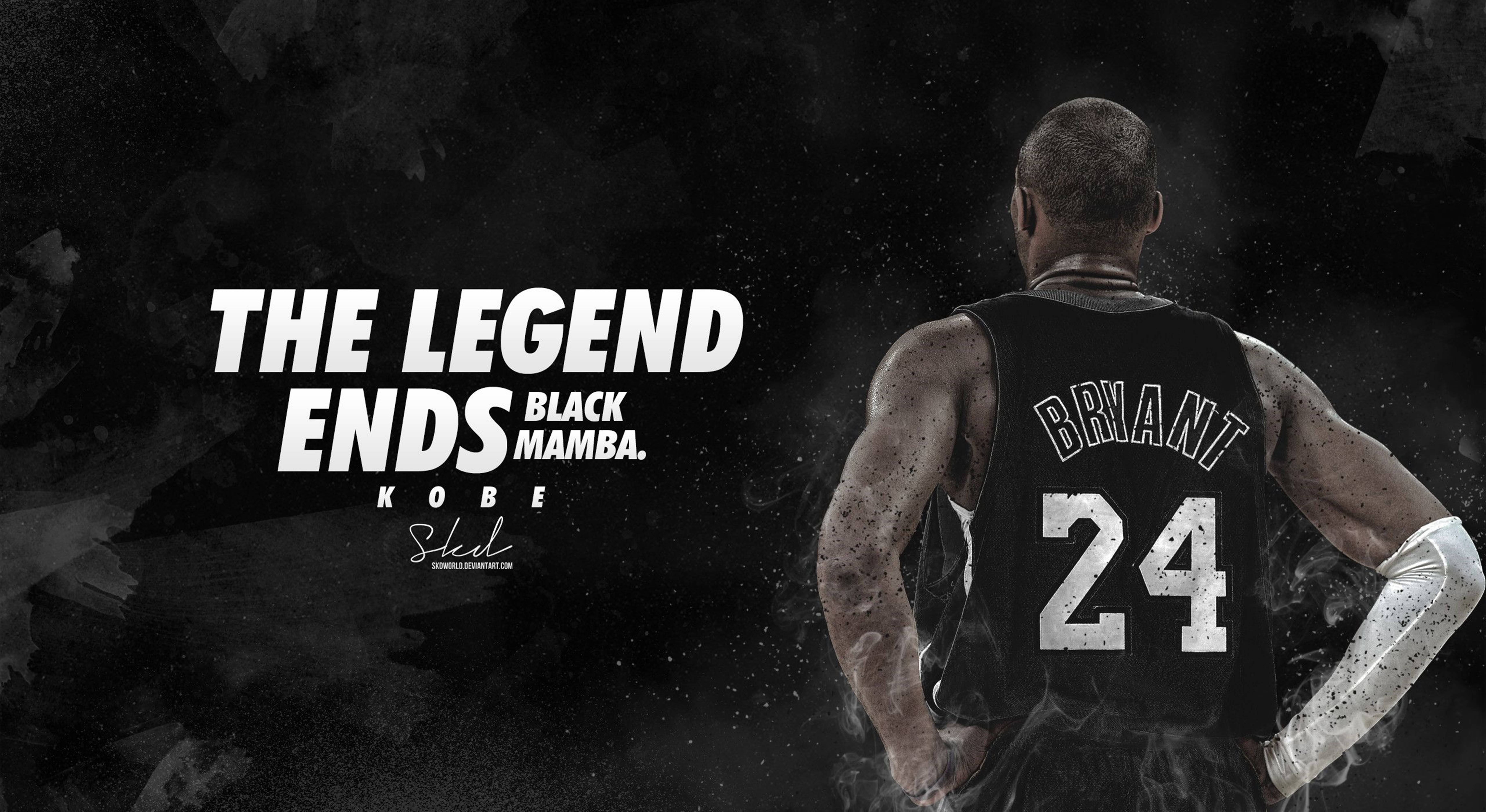 Kobe 桌布 壁紙 — 高比拜仁身穿黑色24號球衣，背面印有「THE LEGEND ENDS BLACK MAMBA」字樣，背景為黑暗煙霧彌漫。