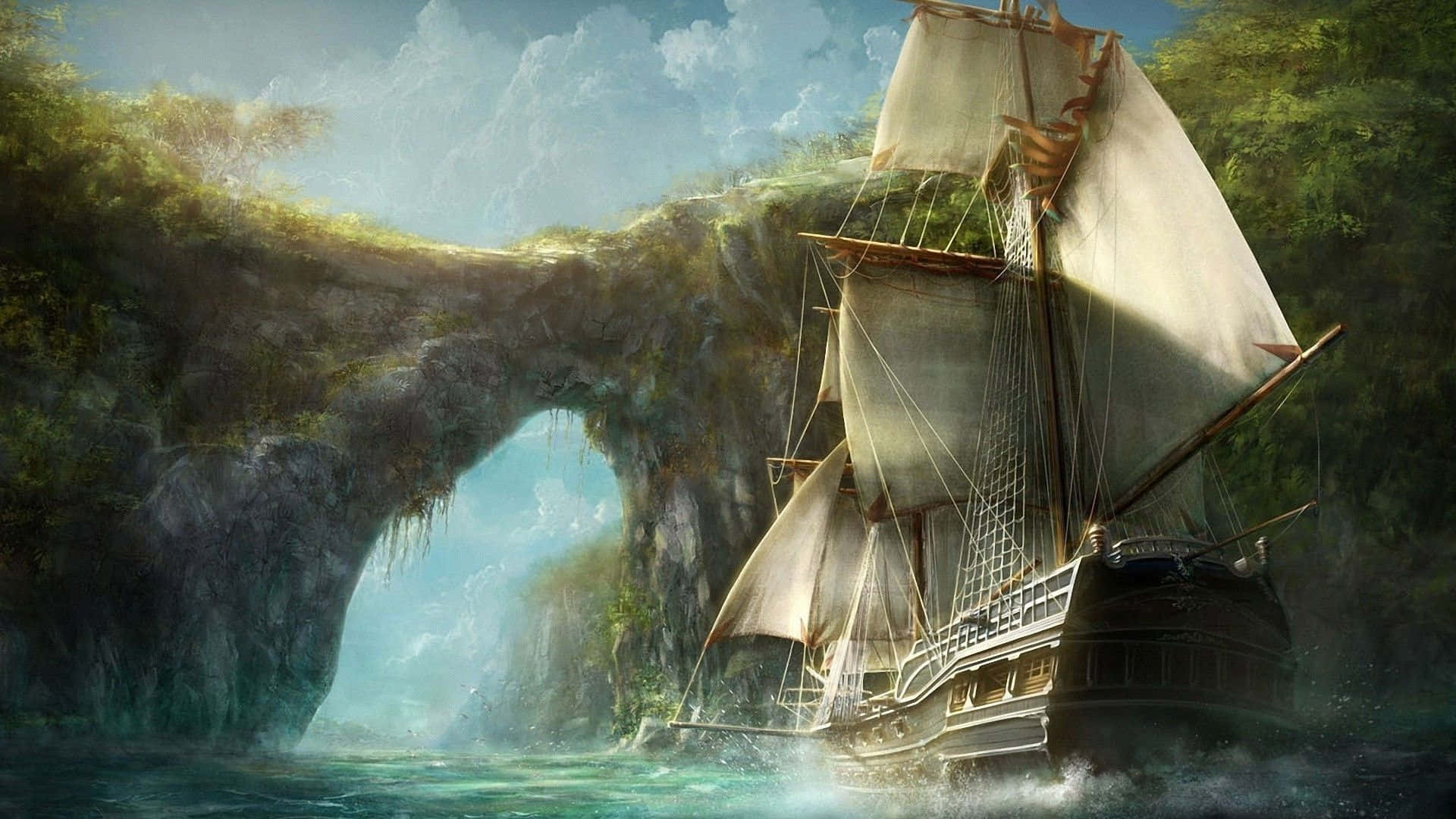 高海上的冒險 壁紙 — 一艘大帆船鼓滿風帆，穿過翠綠海灣中雄偉的天然岩石拱門。