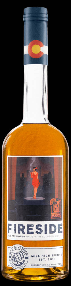 一瓶威士忌，標籤上描繪一位身穿紅衣的女子在城市燈光下的舞台上。