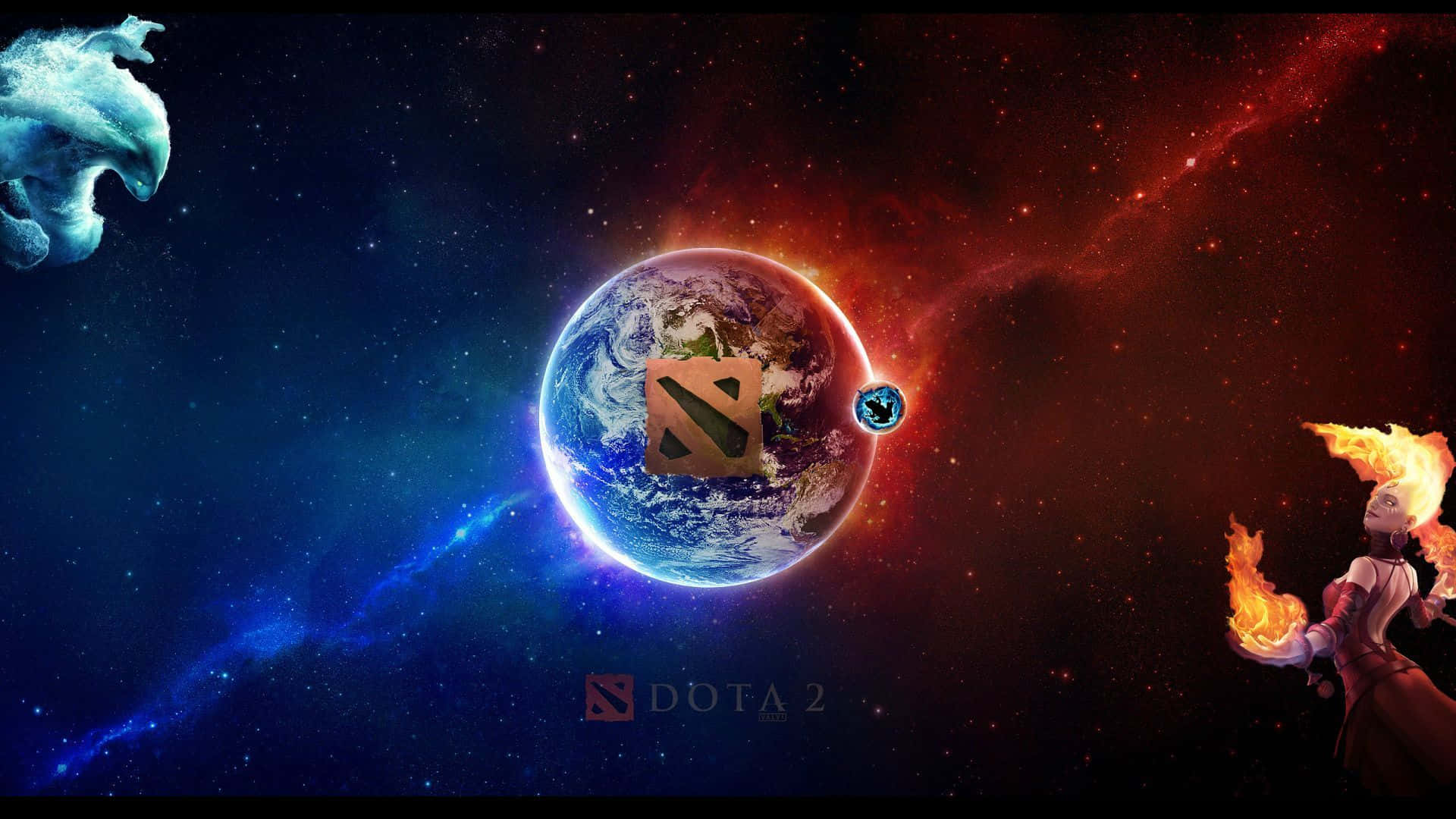 地球上的Dota 2標誌，火熱英雄和幽靈龍在太空星雲中。