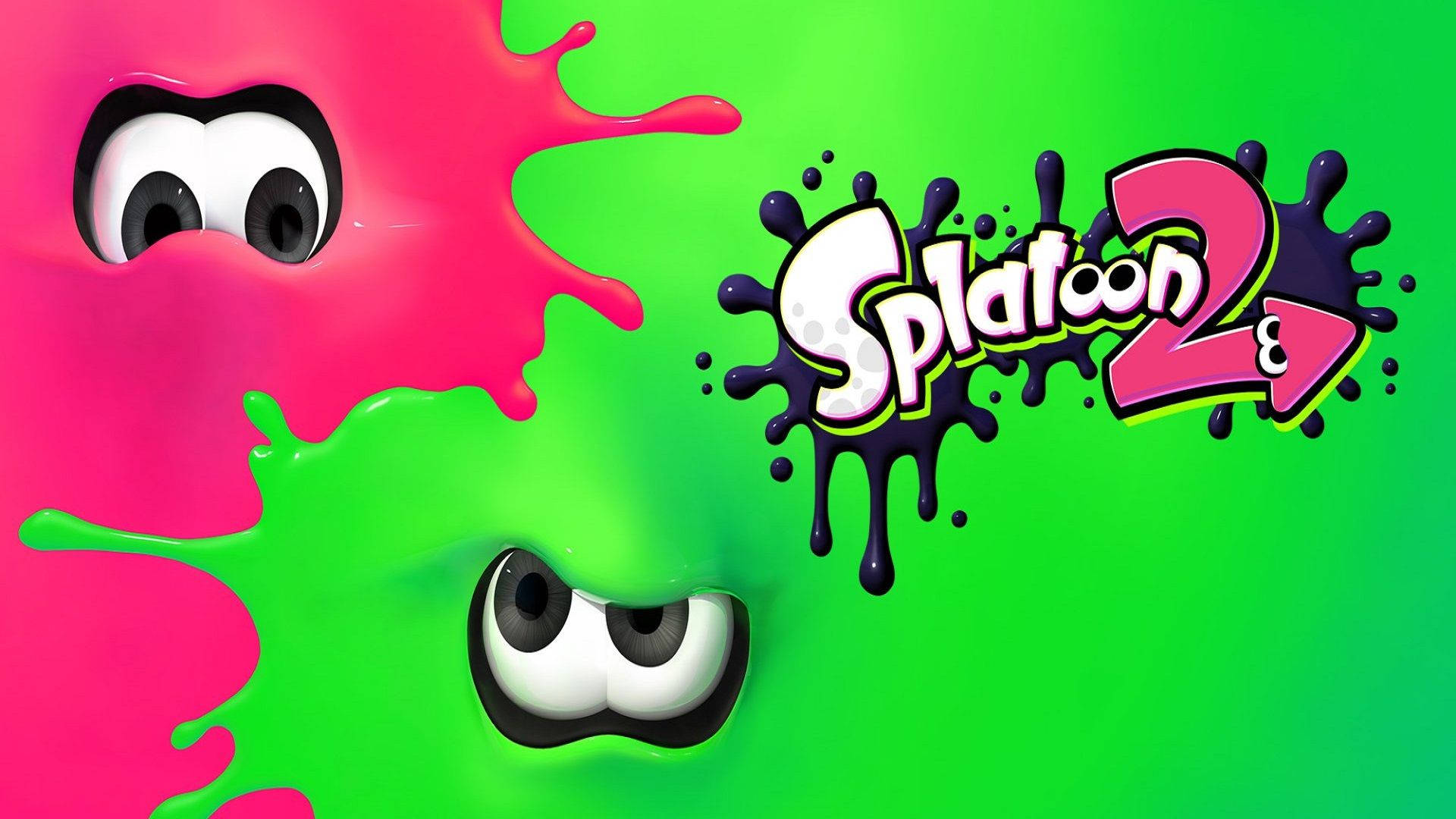 Splatoon 2遊戲標誌，帶有粉紅色和綠色墨水飛濺和卡通眼睛。