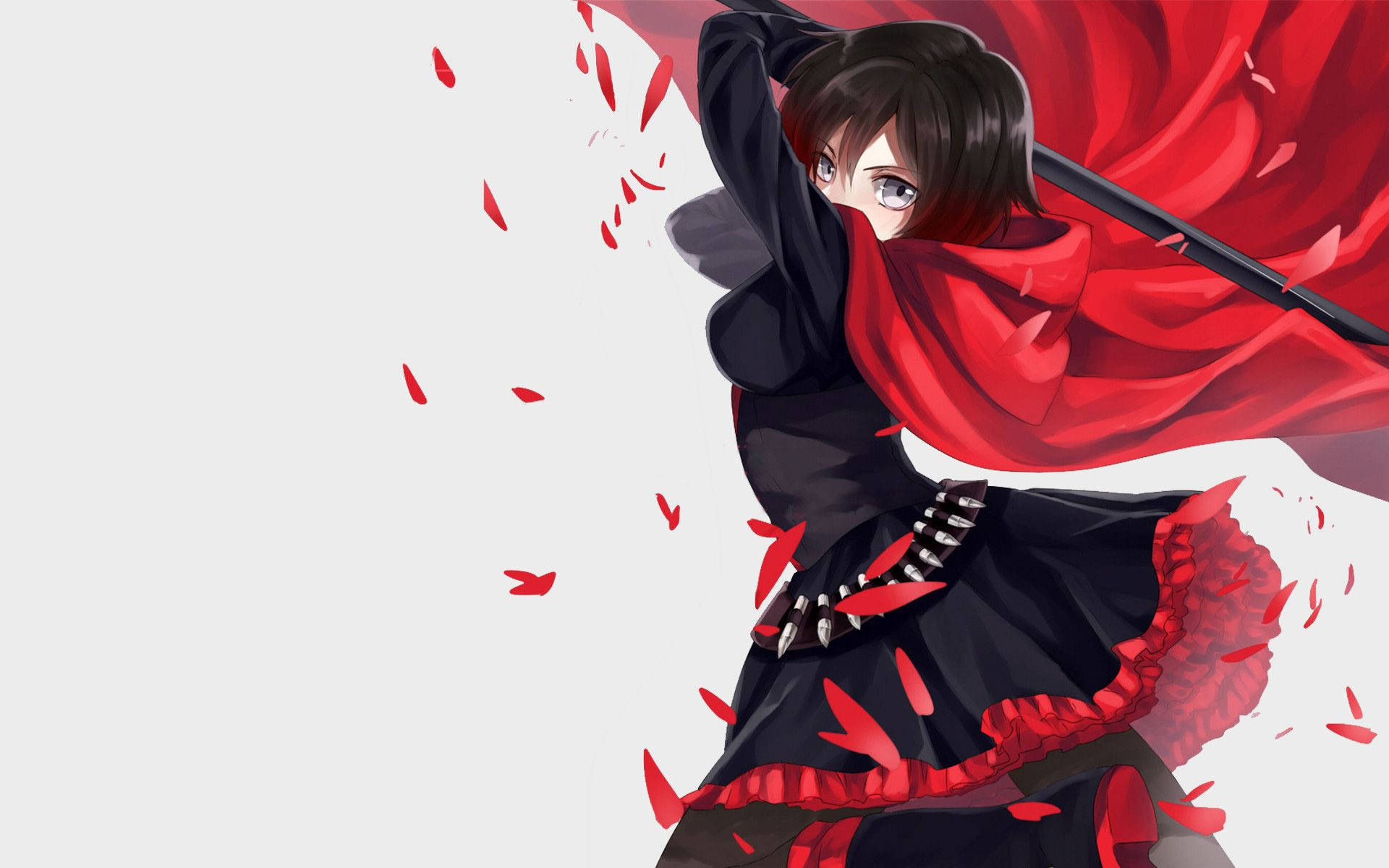 高清動漫 露比·羅斯 壁紙 — 動漫女孩身穿黑色服裝，飄逸的紅色圍巾和劍，在白色背景下飄落的紅色花瓣中。