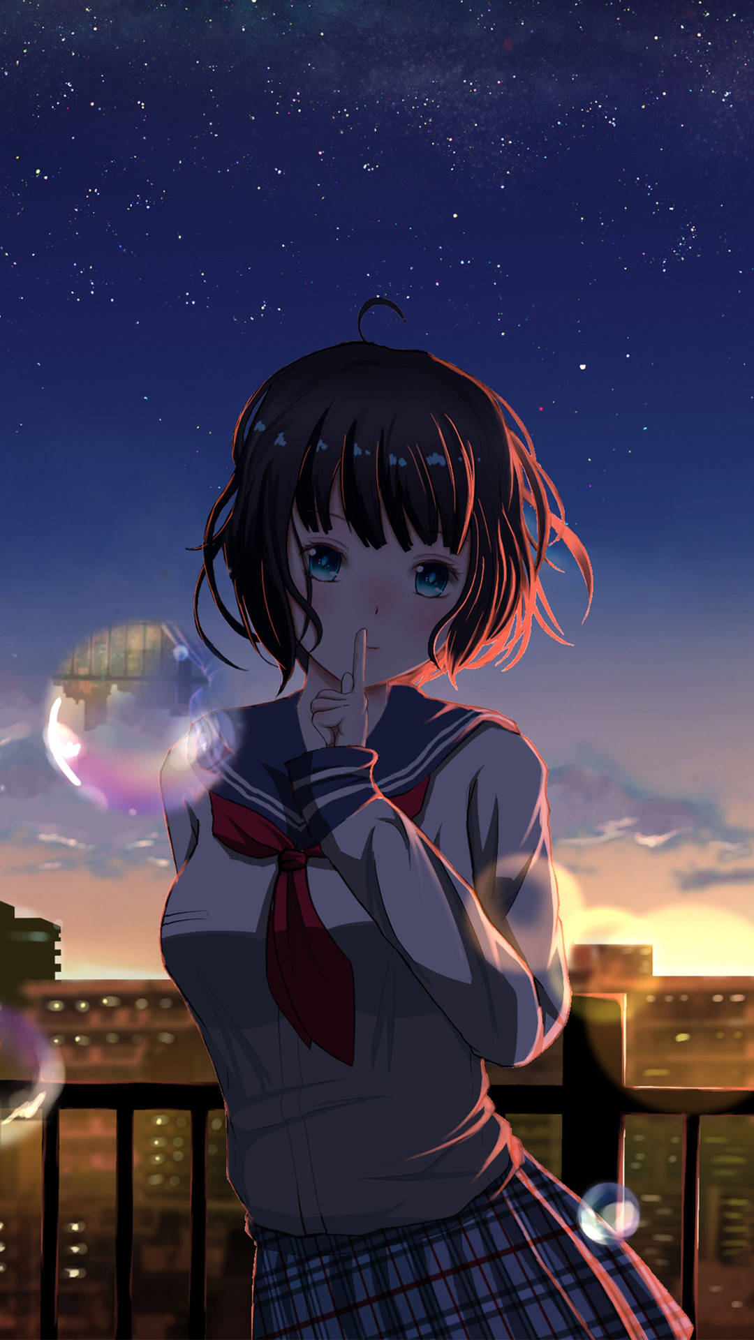 夜晚在屋頂上穿著校服的動漫女孩，伴隨著發光的泡泡和星空。