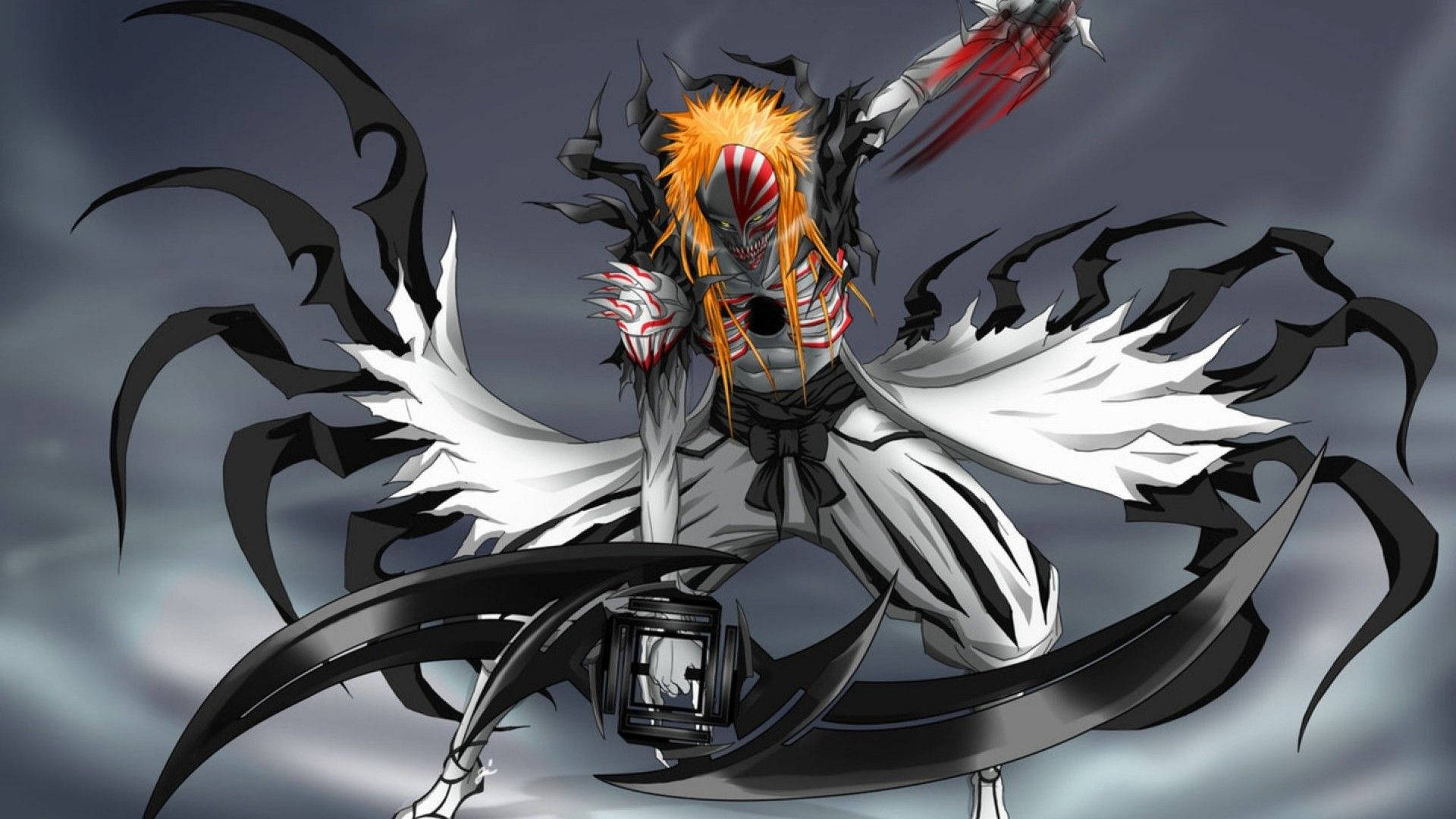 高清動漫虛空型 Ichigo 壁紙 — 一位兇猛的動漫戰士，擁有尖刺的橙色頭髮和白色翅膀，在暴風雨的灰色天空中揮舞著發光的劍。