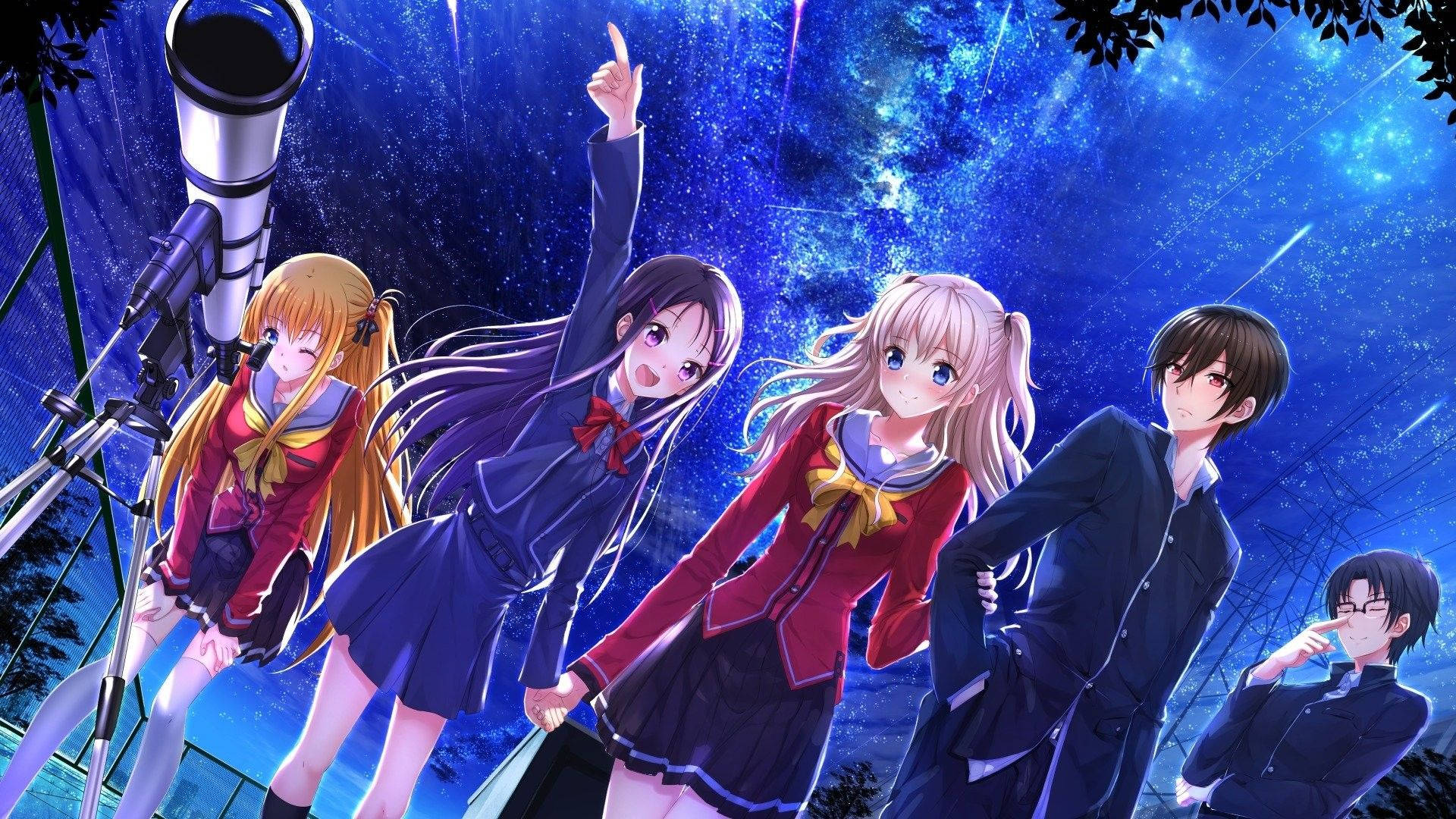 高清動畫《Charlotte》角色群像 壁紙 — 五名穿著校服的動漫學生，在望遠鏡旁仰望充滿活力的星空。