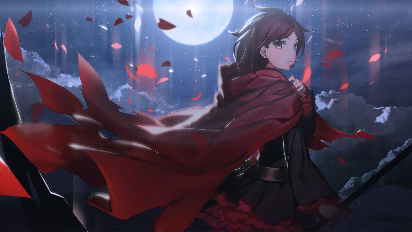高清動畫《RWBY》露比·羅斯 壁紙 — 一個孤獨的動漫戰士，身穿飄逸的紅色斗篷，站在滿月下，深紅色的花瓣在夜空中飄蕩。