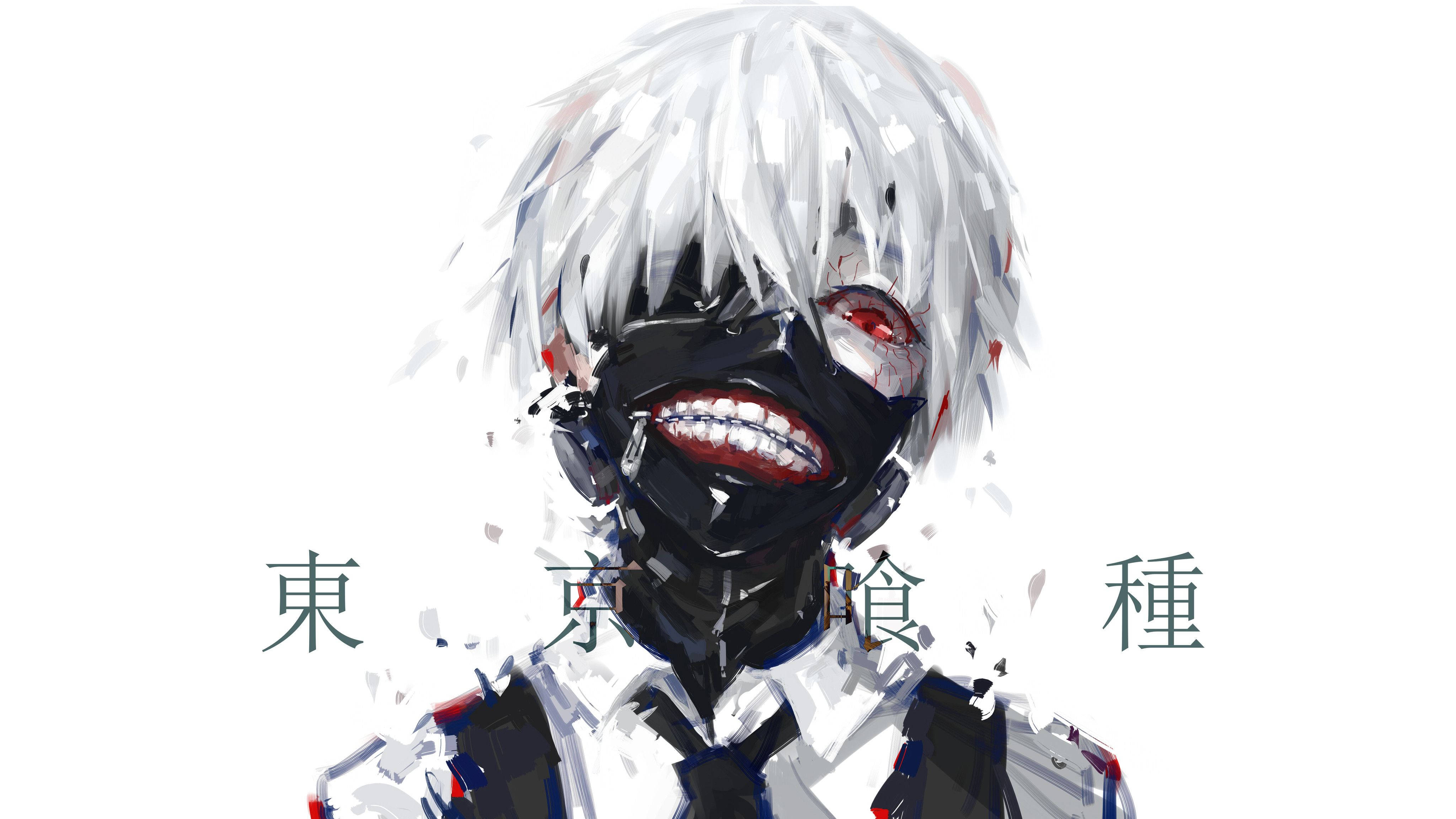 高清動畫《東京喰種》Ken Kaneki黑面罩 壁紙 — 一個風格化的動漫角色，白色頭髮和黑色面具，露出寬闊的笑容和紅色眼睛，背景為純白色。