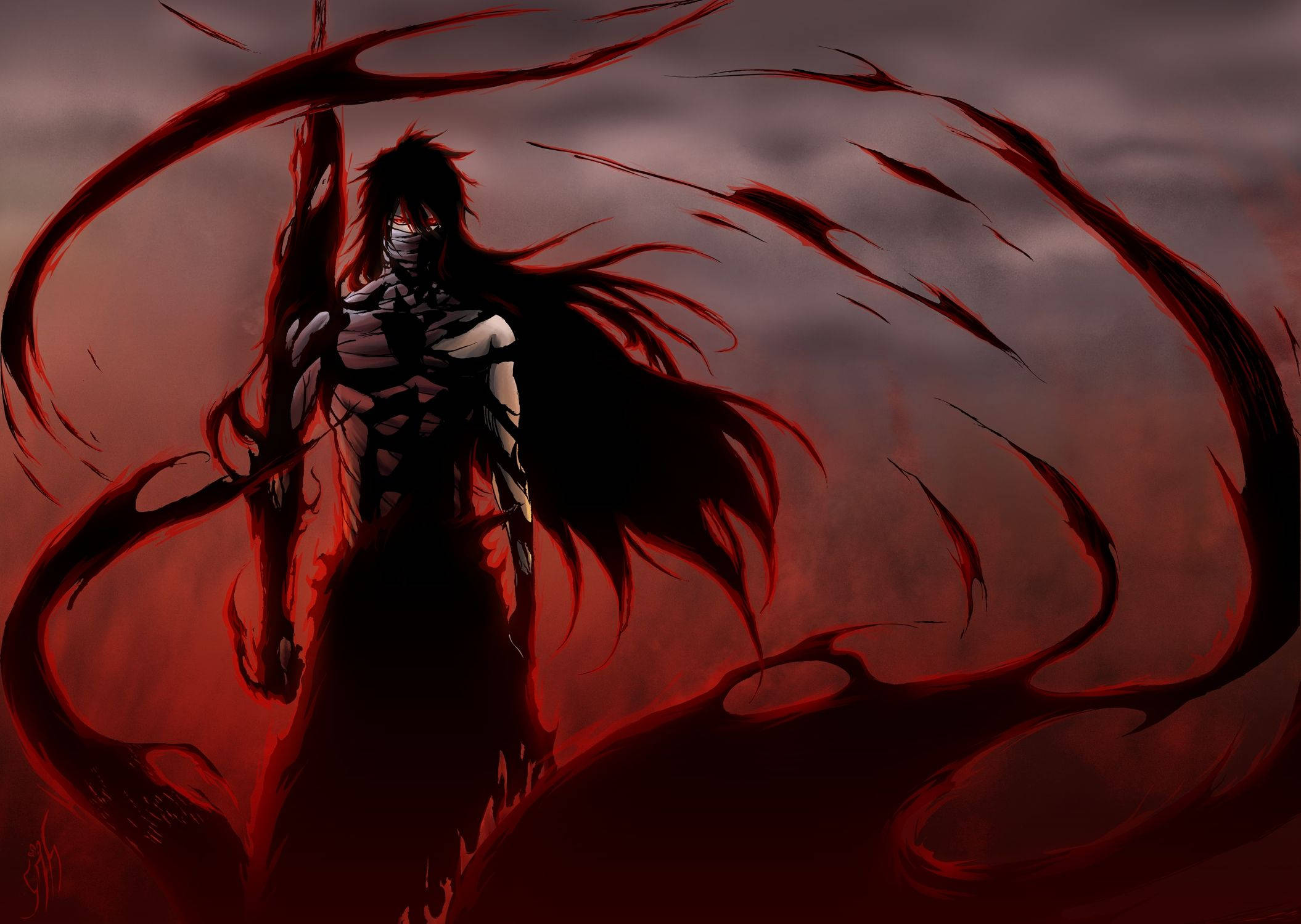高清動畫《死神》一護最終 Getsuga Tenshō 形態 壁紙 — 一位黑髮動漫戰士戴著面具，站在旋轉的紅色能量中，背景是暴風雨般的深紅天空。