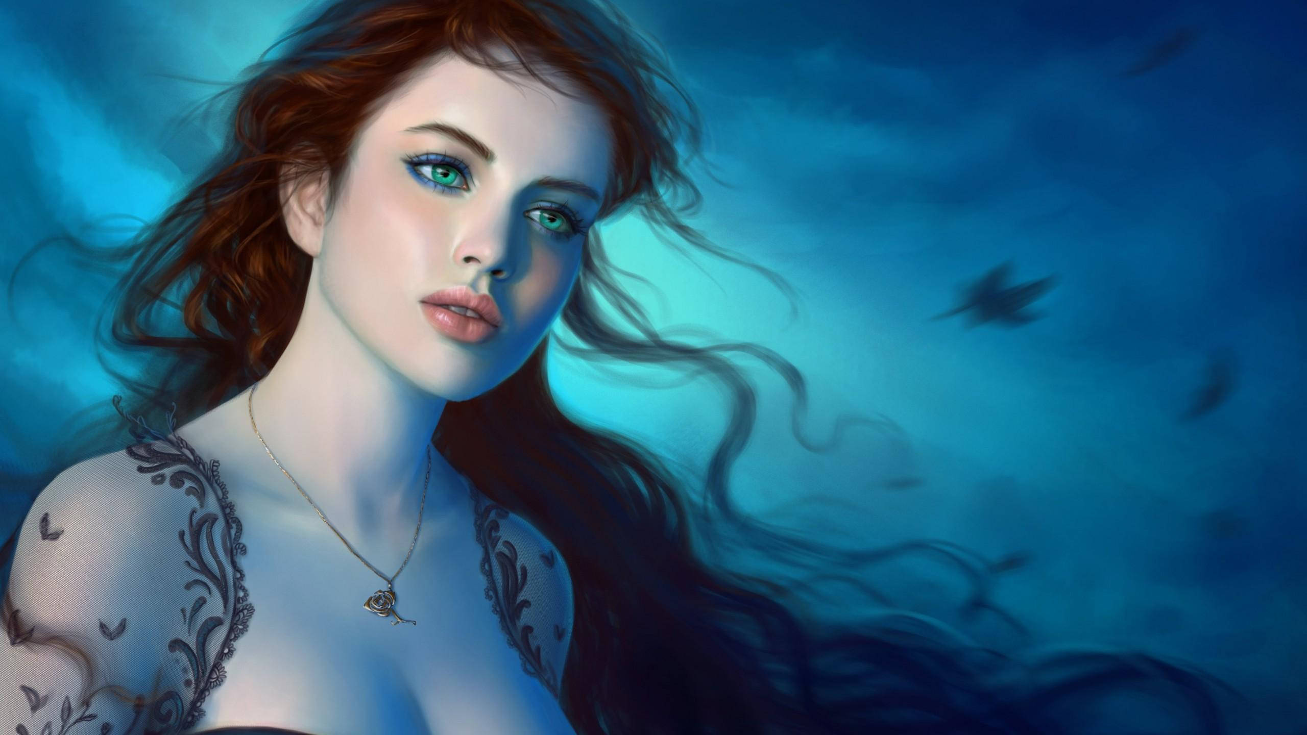 高清幻想藝術女孩 壁紙 — 一位擁有飄逸紅髮和綠眼睛的美麗女性，在深色鳥兒飛翔的旋轉藍色背景前凝視前方。
