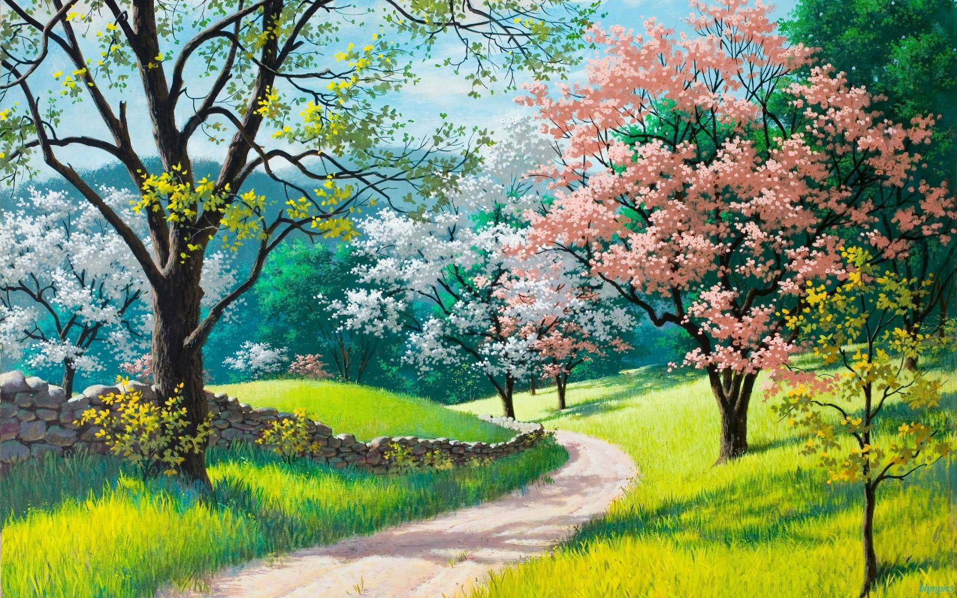 高清春季風景畫 壁紙 — 一條蜿蜒的泥土小徑穿過充滿活力的春天草地，兩旁盛開的櫻花樹在清澈的藍天下搖曳。