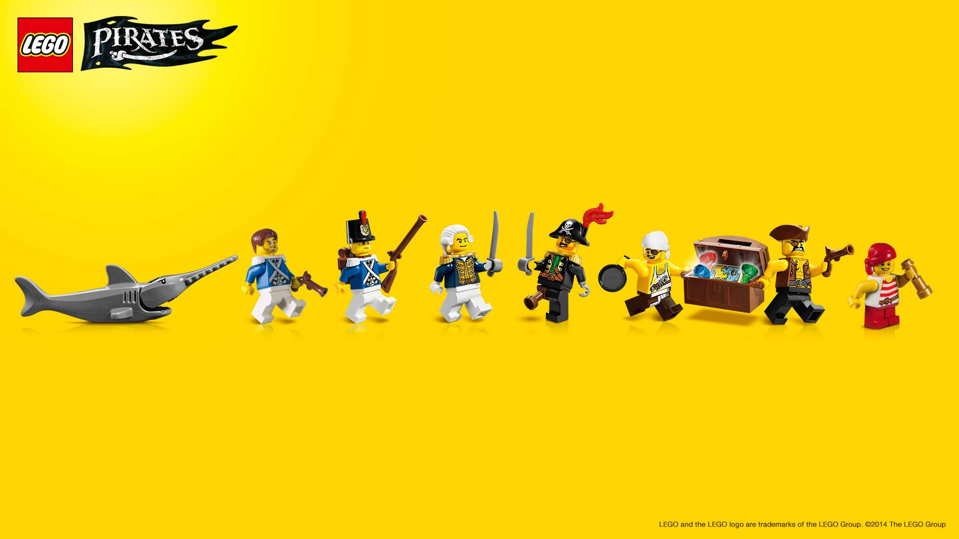 黃色背景上的LEGO Pirates人仔和鯊魚。