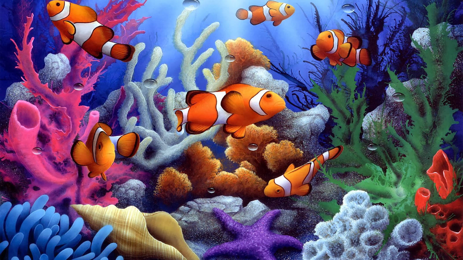 高清橙色小丑魚數位藝術 壁紙 — 鮮豔的橙色小丑魚在色彩繽紛的珊瑚和海葵之間游動，呈現出充滿活力的海底場景。