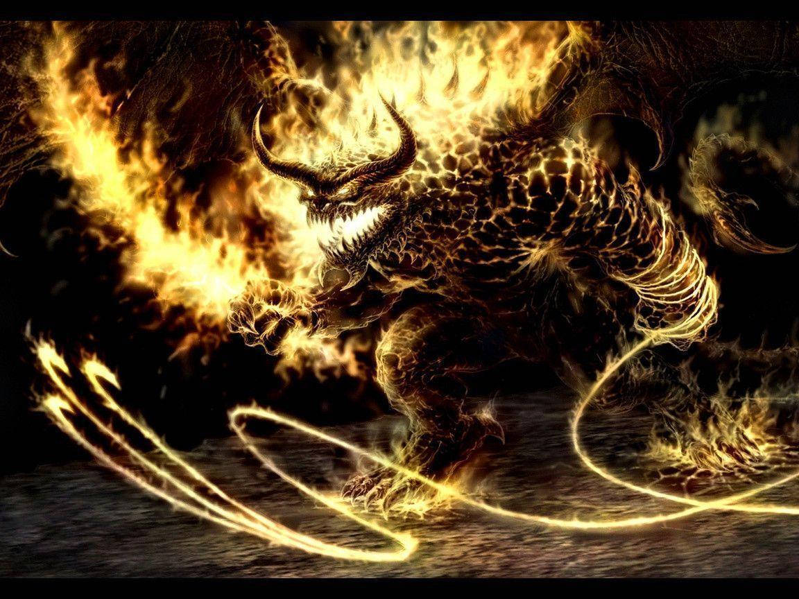 高清火焰繩索龍 壁紙 — 一隻帶有發光角和爪的火熱惡魔野獸，在黑暗背景下釋放出旋轉的火焰。