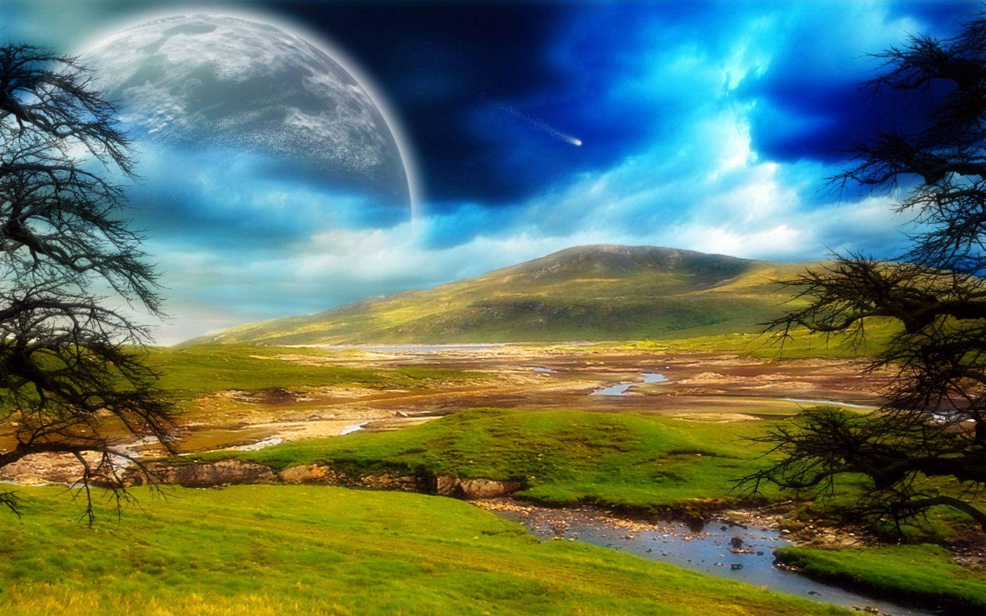高清自然綠色平原 壁紙 — 超現實景觀，巨大月亮和彗星在充滿活力的藍色天空中，下方是起伏的綠色山丘和蜿蜒的河流。